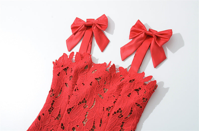 Elegant Red Bow Strap Embroidered Lace Maxi Dress for Women - Perfect for Weddings, Parties & Special Occasions