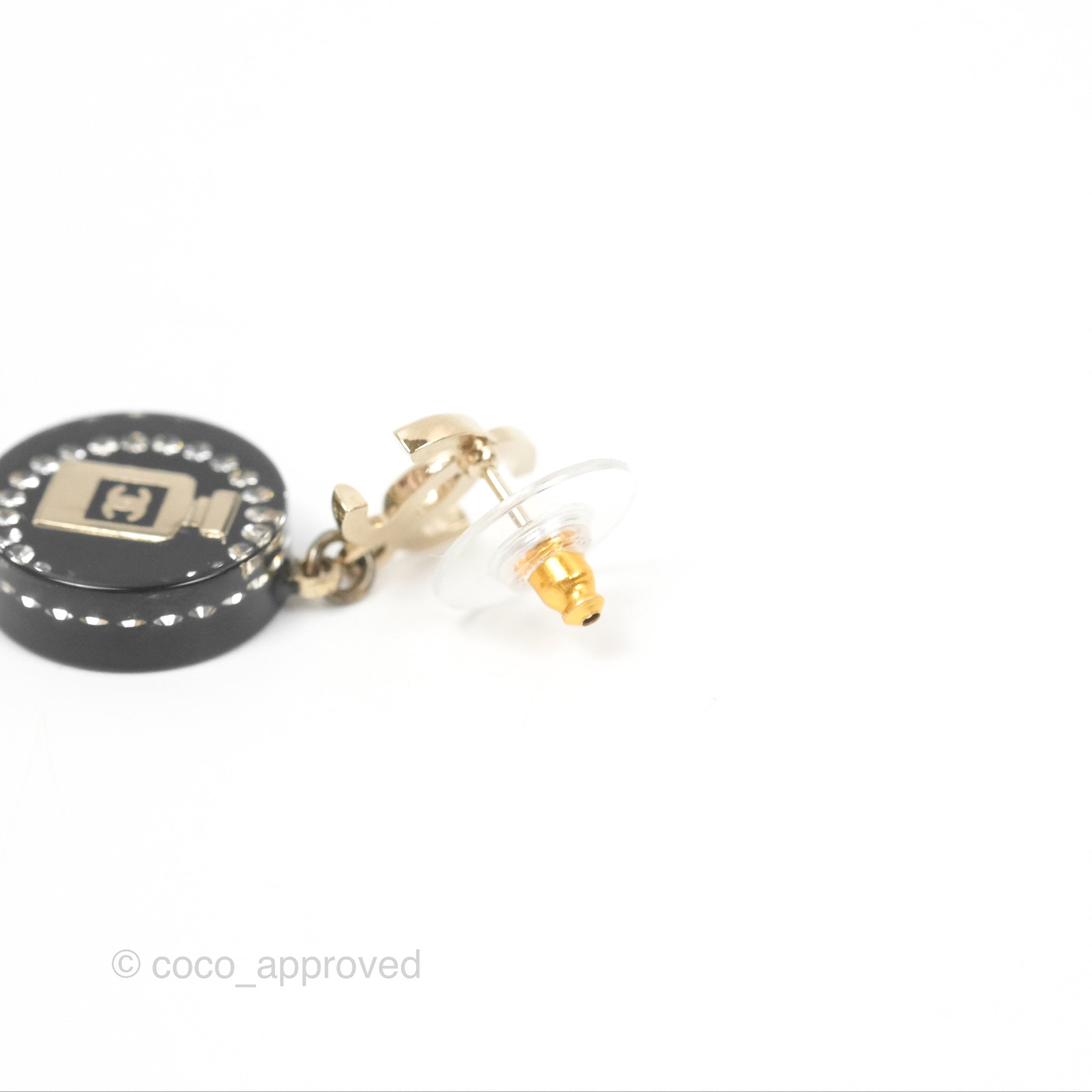 Chanel CC Resin Crystal Drop Earrings - Black & Gold Tone 20C Collection | Elegant Dangle Earrings for Women | Perfect for Parties, Weddings & Evening Events