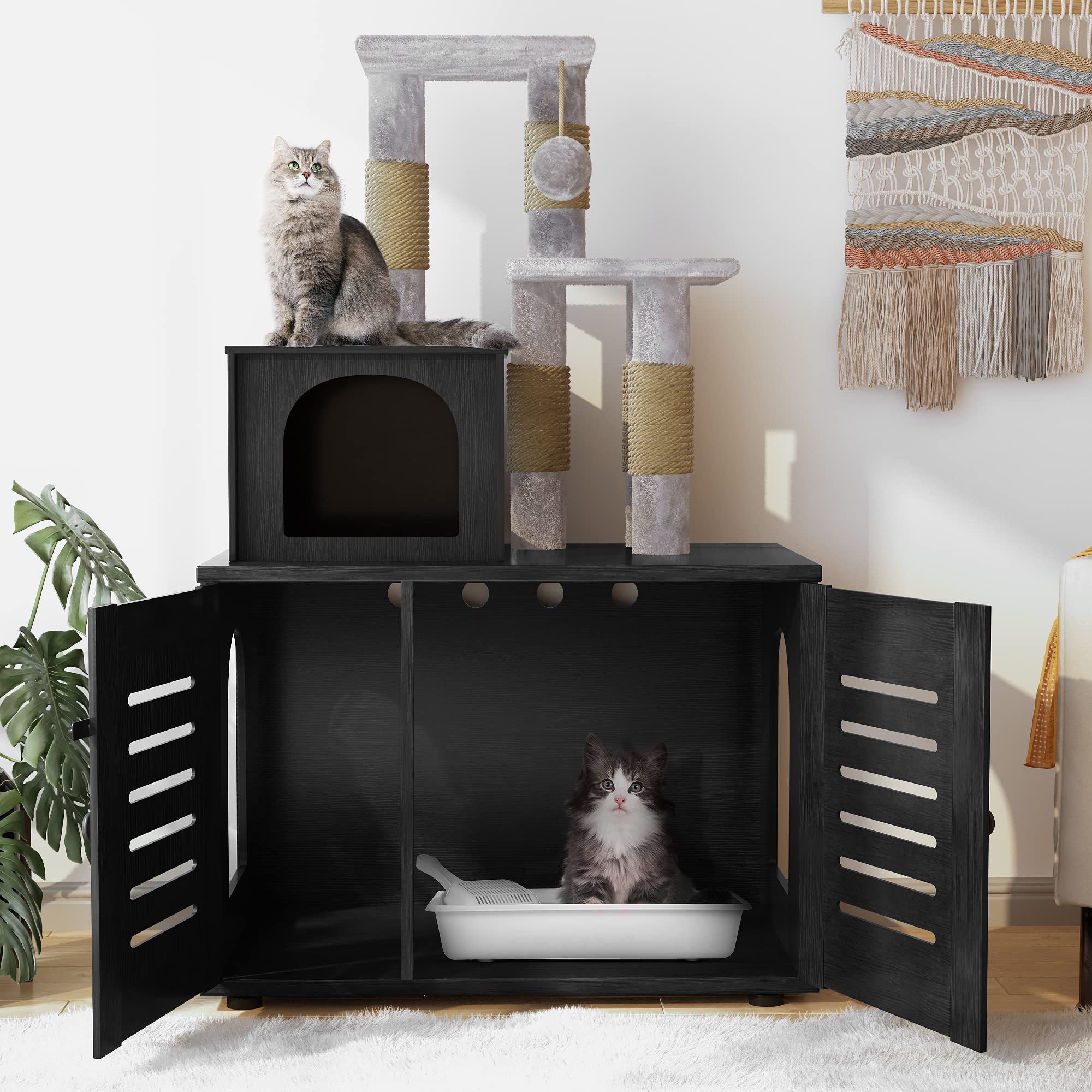 Recaceik Wooden Cat Litter Box Enclosure with Cat Tree - Hidden Washroom Furniture with Divider, Scratching Post & Plush Perch - Indoor Pet Cabinet for Small Spaces (Black) | Perfect for Apartments & Multi-Cat Homes