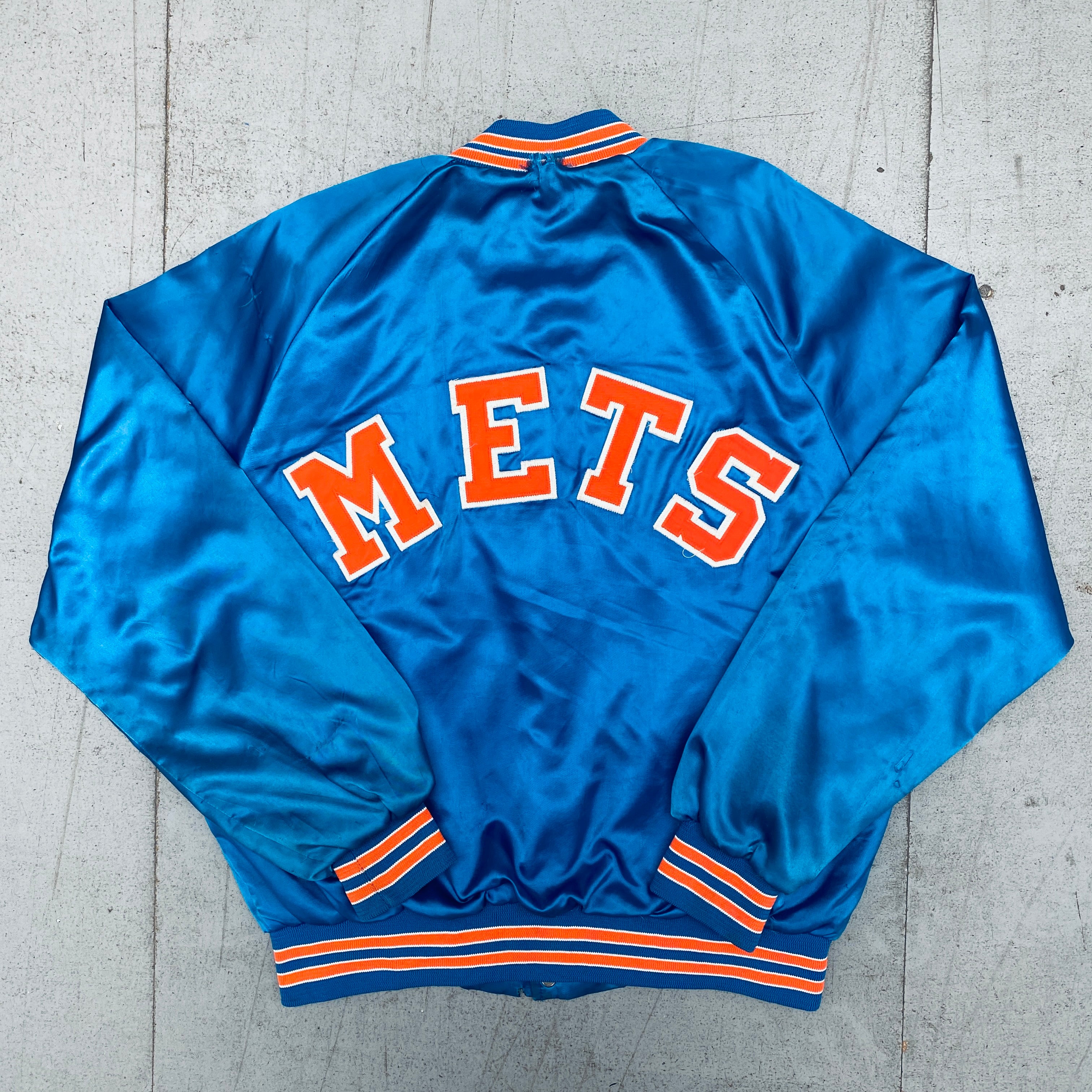 Vintage 1980s New York Mets Reverse Spellout Bomber Jacket - Satin Stitched Chalk Line Baseball Jacket for Men (Size M/L) | Retro MLB Fan Gear, Game Day Outfit & Sports Collectible