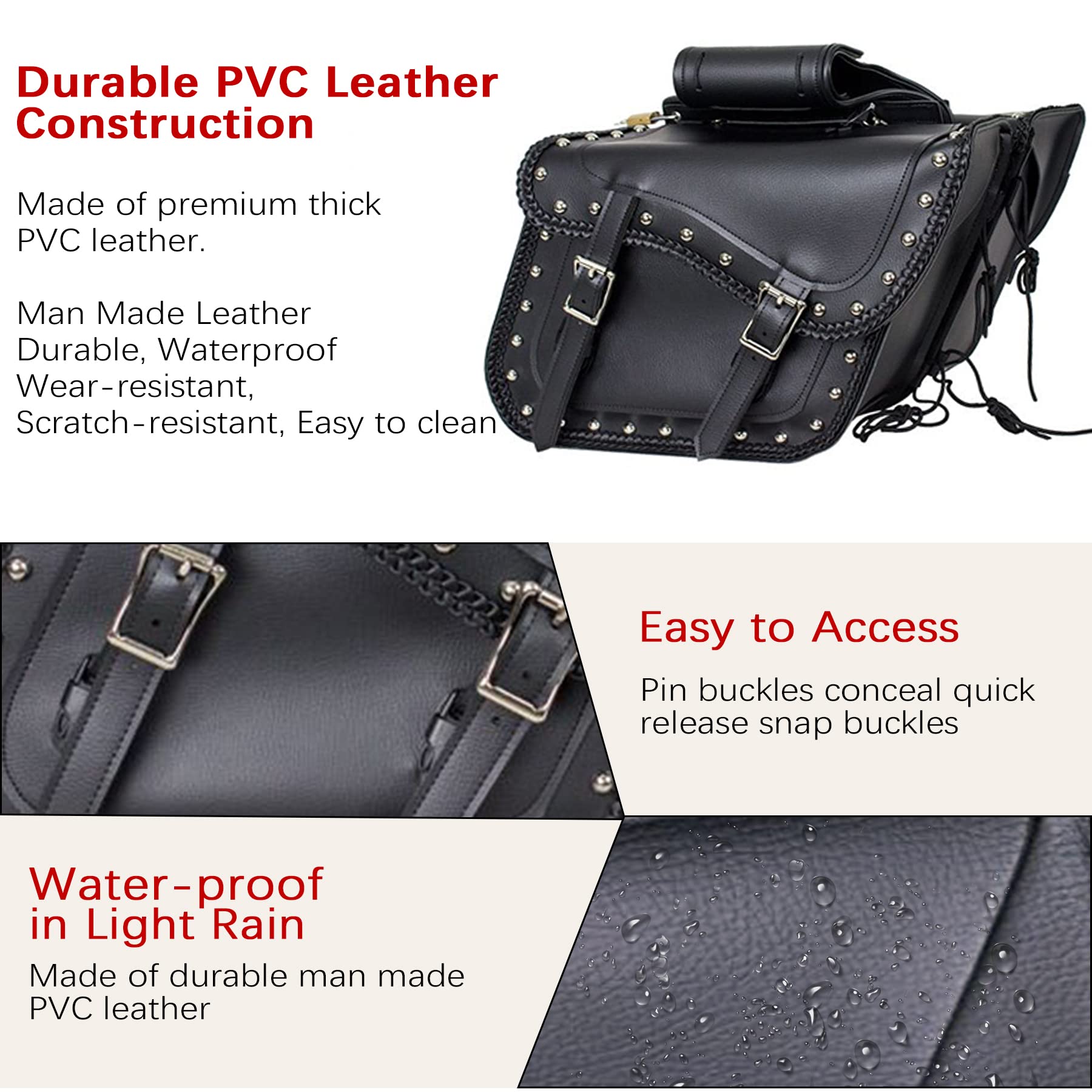 Dream Apparel Faux Leather Motorcycle Saddle Bags - Studded Throw Over Side Bags for Honda Shadow, Sportster, Softail & Dyna V-Star (Black) | Durable PVC Motorcycle Storage for Cruiser Bikes | Perfect for Road Trips & Daily Commuting