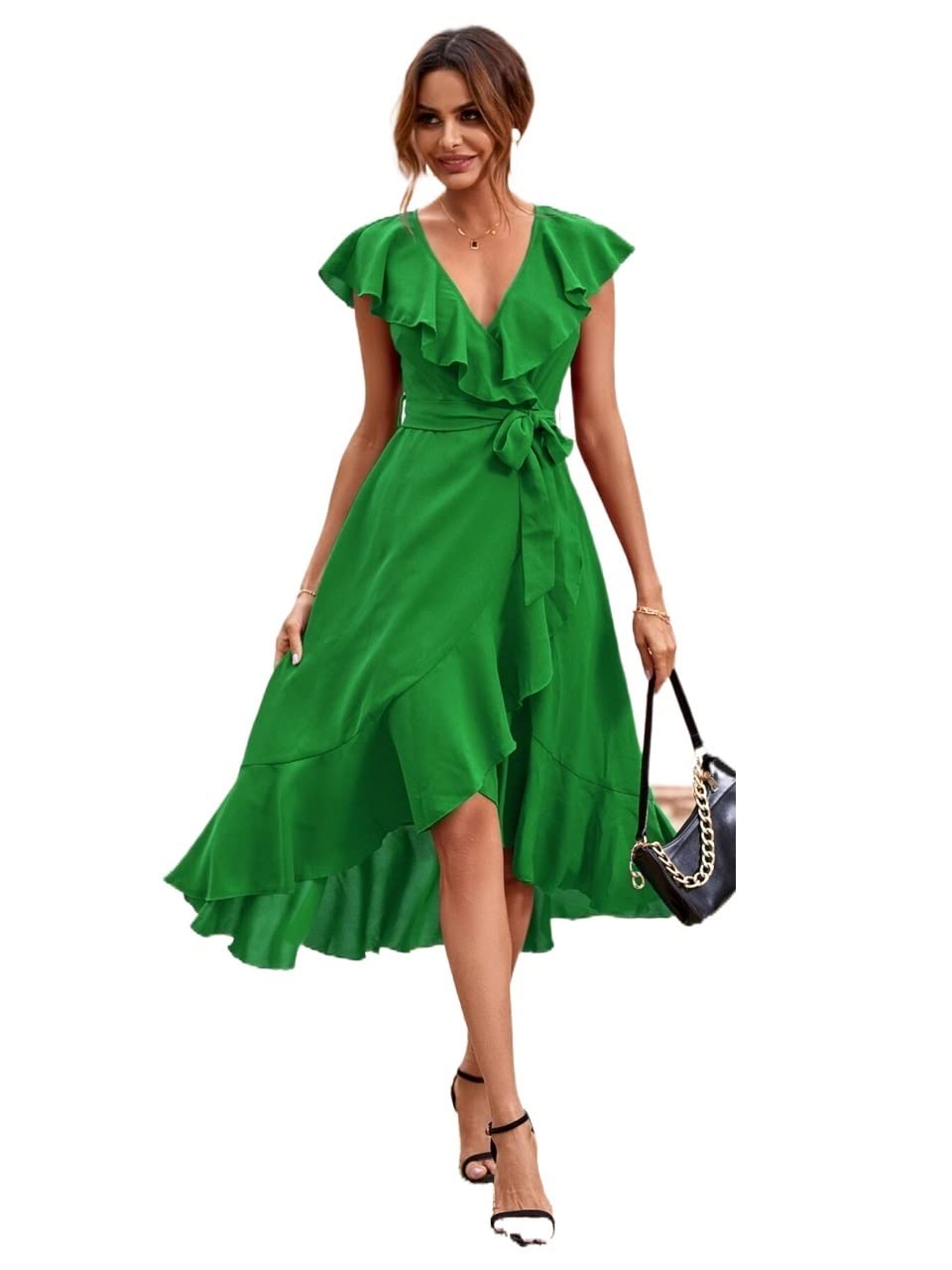 Flowy Ruffle Belted Wrap Dress for Summer Beach & Vacation