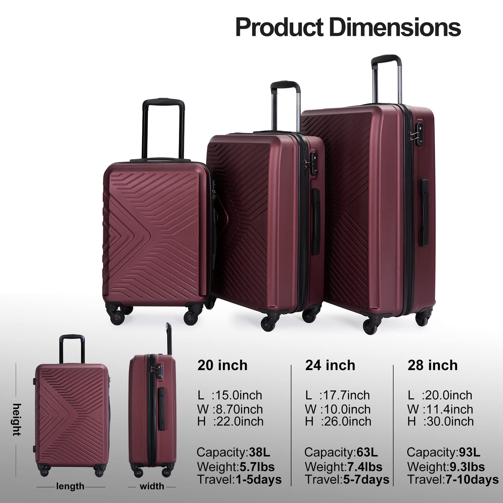 **Travelhouse 3-Piece Expandable Hardside Luggage Set with Double Spinner Wheels & TSA Lock - 20in Carry-On, 24in & 28in Checked Suitcases - Lightweight & Durable (Red) - Perfect for Air Travel, Business Trips & Vacations**