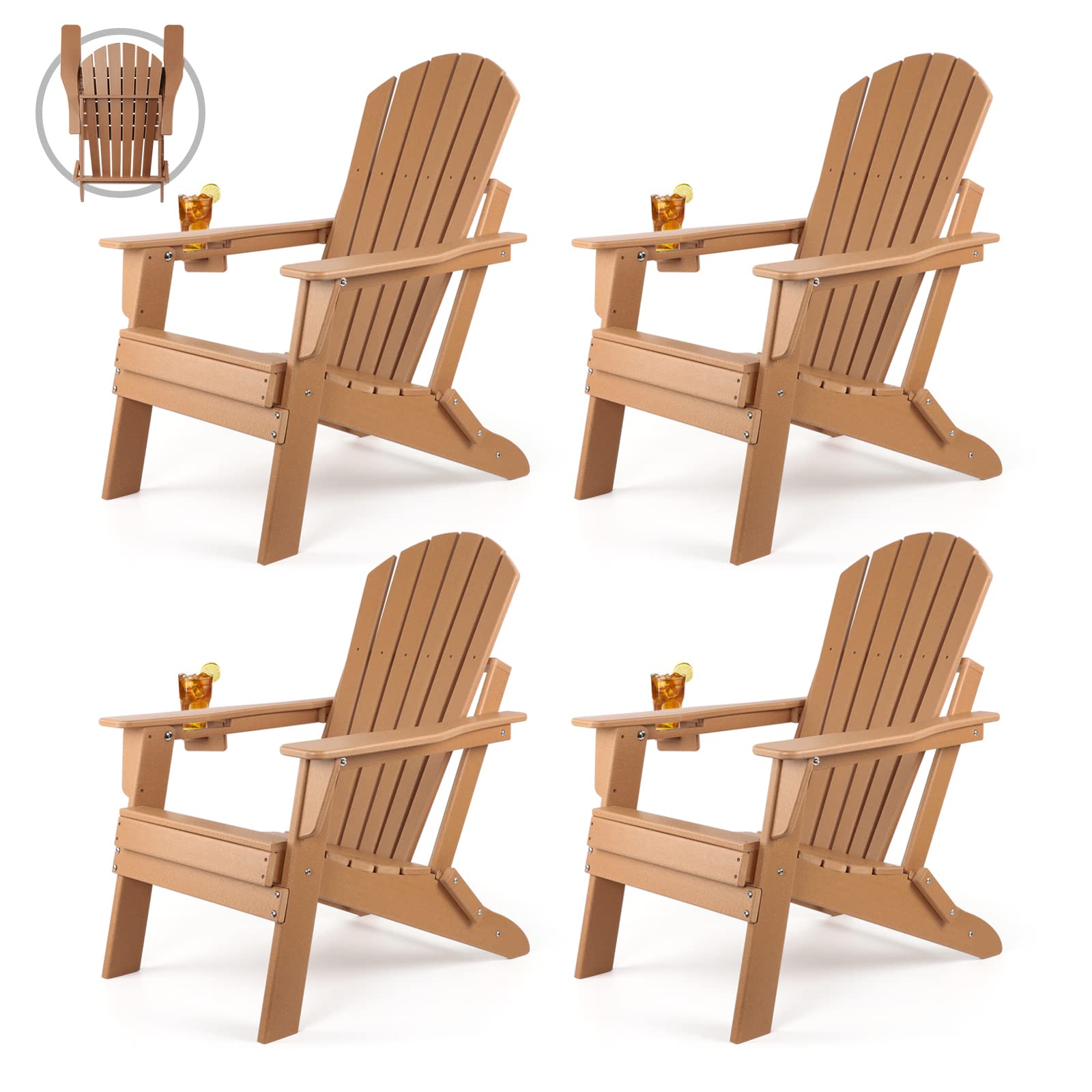 FUNBERRY 4-Piece Folding Adirondack Chair Set - Heavy Duty HDPE All-Weather Outdoor Fire Pit Chairs with Cup Holders - Perfect for Patio, Backyard, Camping & Beach Relaxation