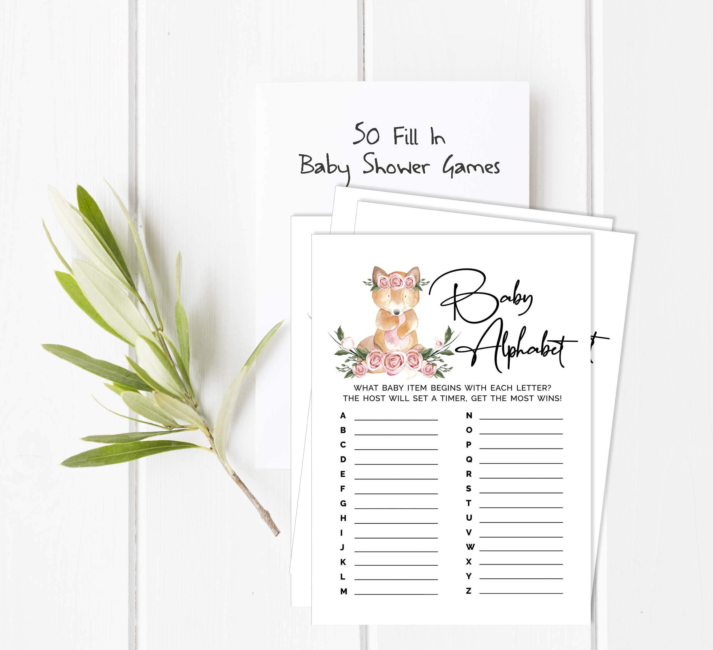 Fox Animal Baby Shower Game Set - 50 Baby Alphabet ABC Cards - Gender Neutral Party Supplies for Baby Showers, Birthdays, and Nursery Decor