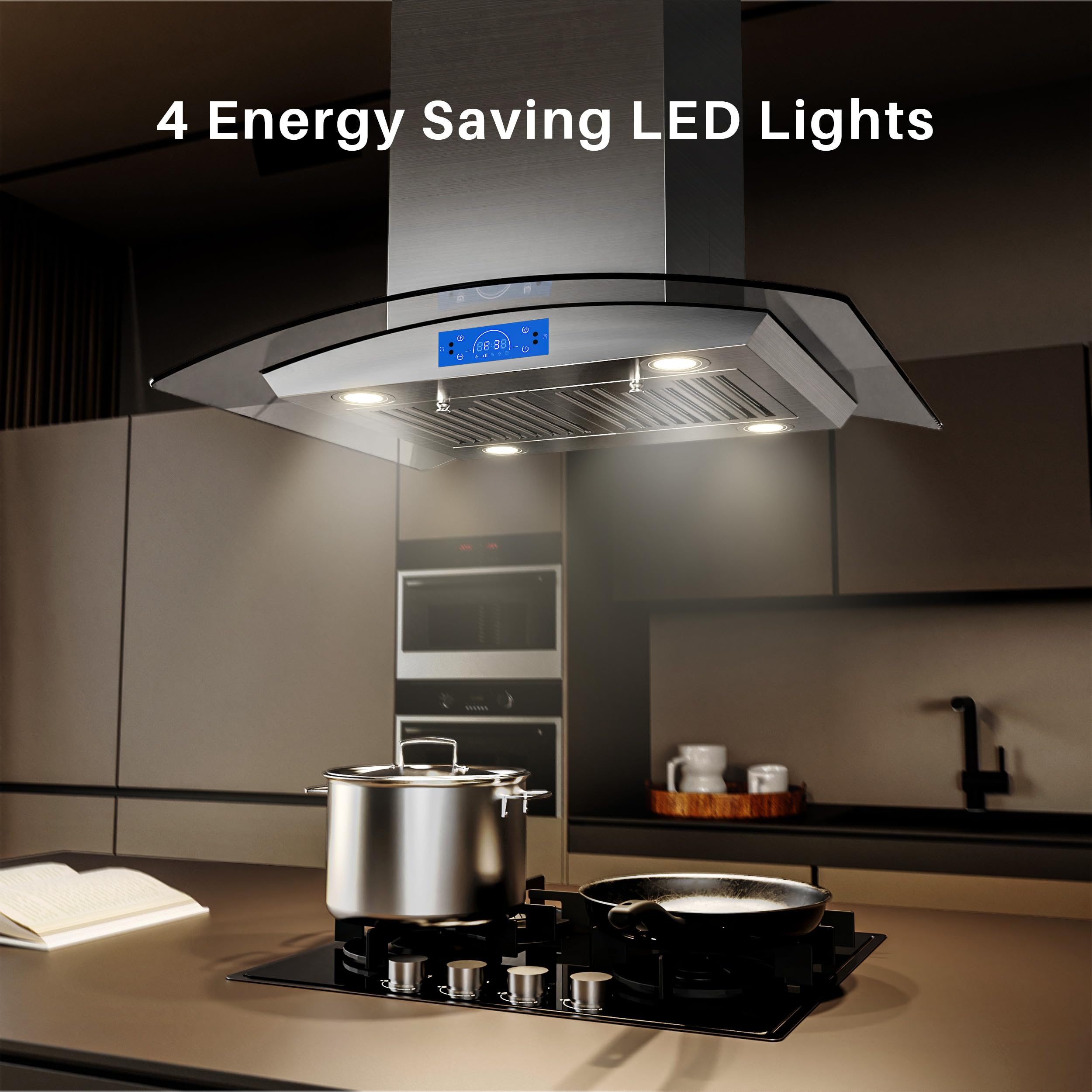 **FIREGAS 30-Inch Island Range Hood 700 CFM - Stainless Steel Chimney Mount Kitchen Vent Hood with Tempered Glass, 4 LED Lights, Permanent & Charcoal Filters, Touch Control Panel - Perfect for Open Kitchen & Modern Home Cooking**