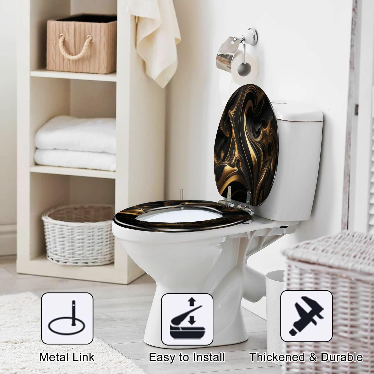 Elongated Toilet Seat with Abstract Marble Fluid Art Design - Black & Gold Resin Toilet Seat Cover | Slow Close, Quiet, Quick-Release Hinges | Easy to Clean & Install | Perfect for Modern Bathrooms, Luxury Homes & Spa Retreats