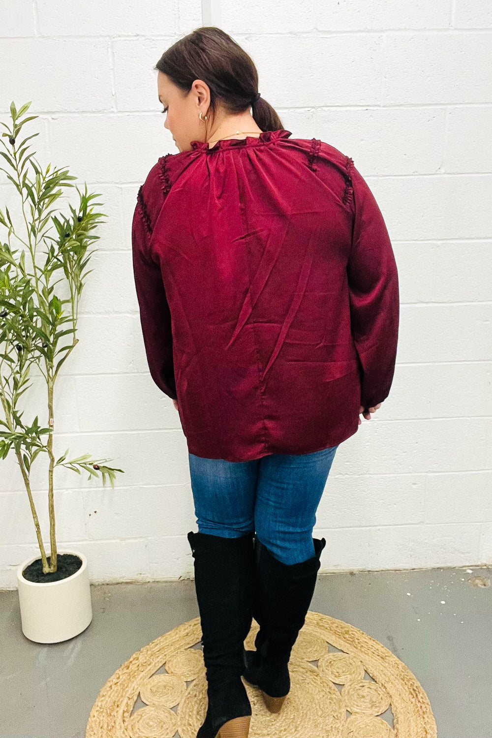 Elegant Burgundy Satin Blouse with Frill Detail & Tie Neck - Perfect for Holiday Parties & Special Occasions