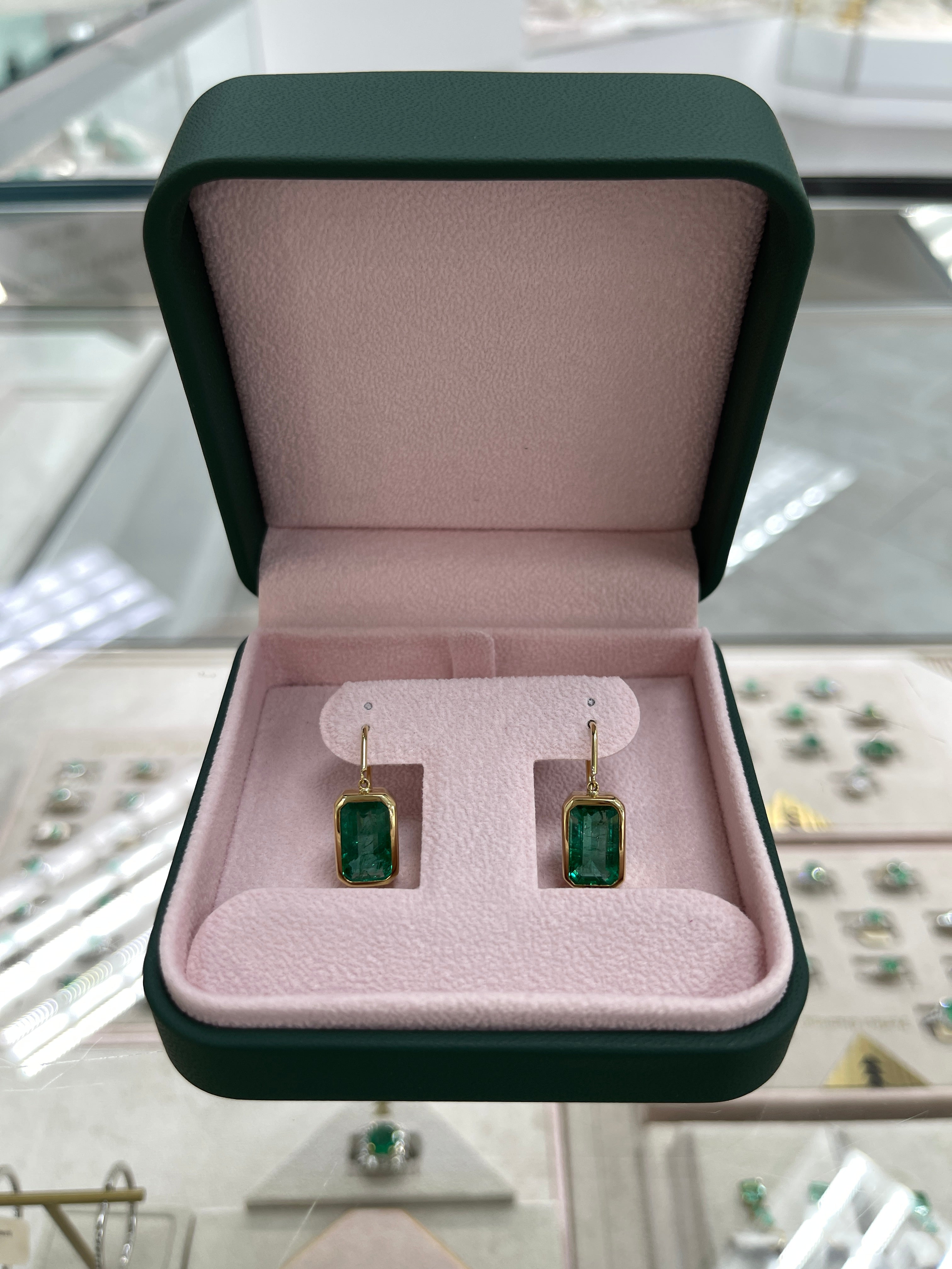 7.90tcw Deep Green Natural Emerald Bezel Set Drop & Dangle Hook Earrings in 18K Gold - Elegant Jewelry for Weddings, Parties & Special Occasions