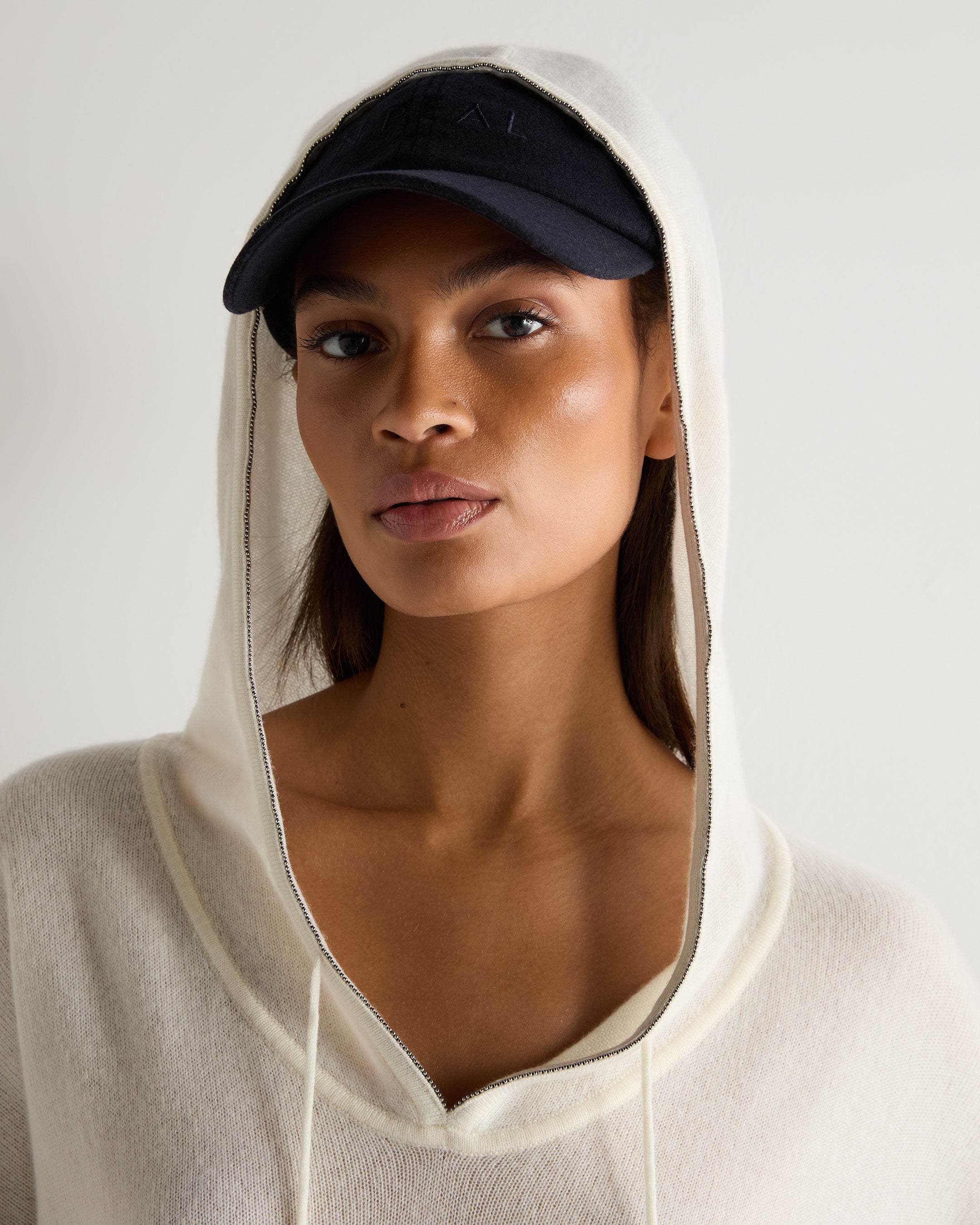 Women's Cashmere Hoodie with Maya Metal Trim - Soft Ivory White Winter Pullover for Casual Outings & Cozy Loungewear