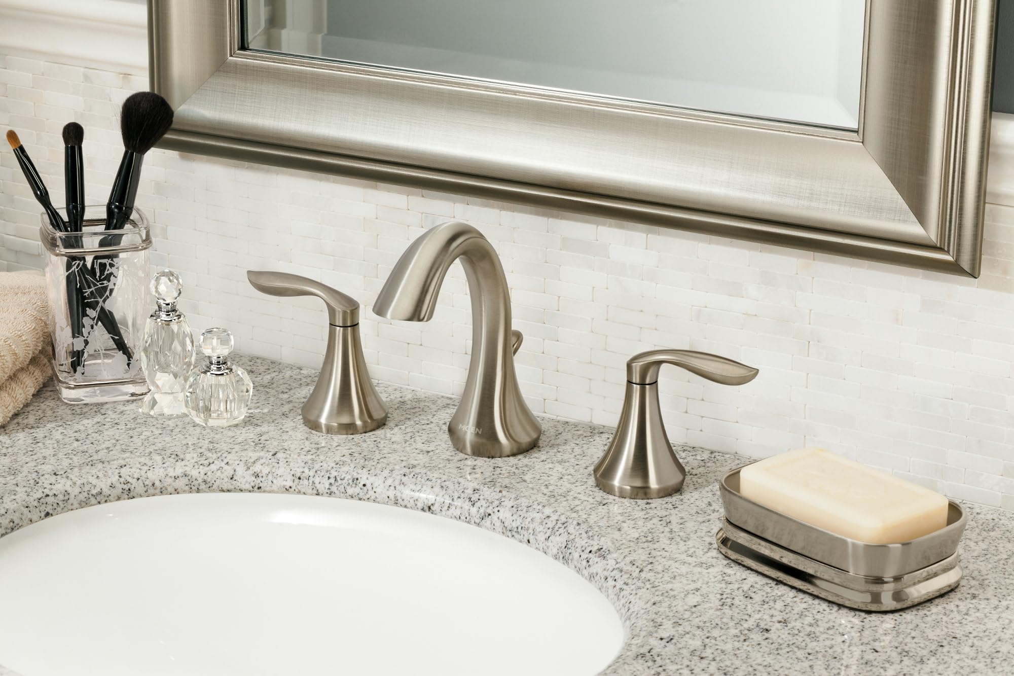 Moen Eva Brushed Nickel Two-Handle High-Arc Widespread Bathroom Faucet - 3 Hole Sink Faucet with Drain Trim (Valve Required) - Perfect for Modern Bathroom Vanities and Powder Rooms - Model T6420BN
