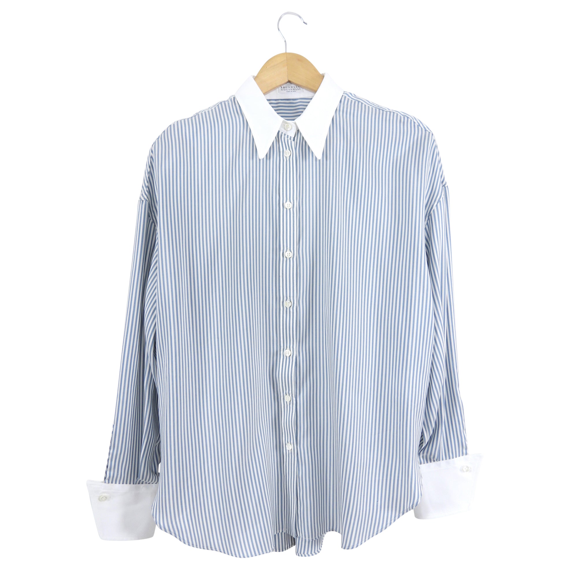 Brunello Cucinelli Men's Blue & White Striped Dress Shirt with French Cuffs - Size M | Premium Cotton Formal Wear for Business & Special Occasions