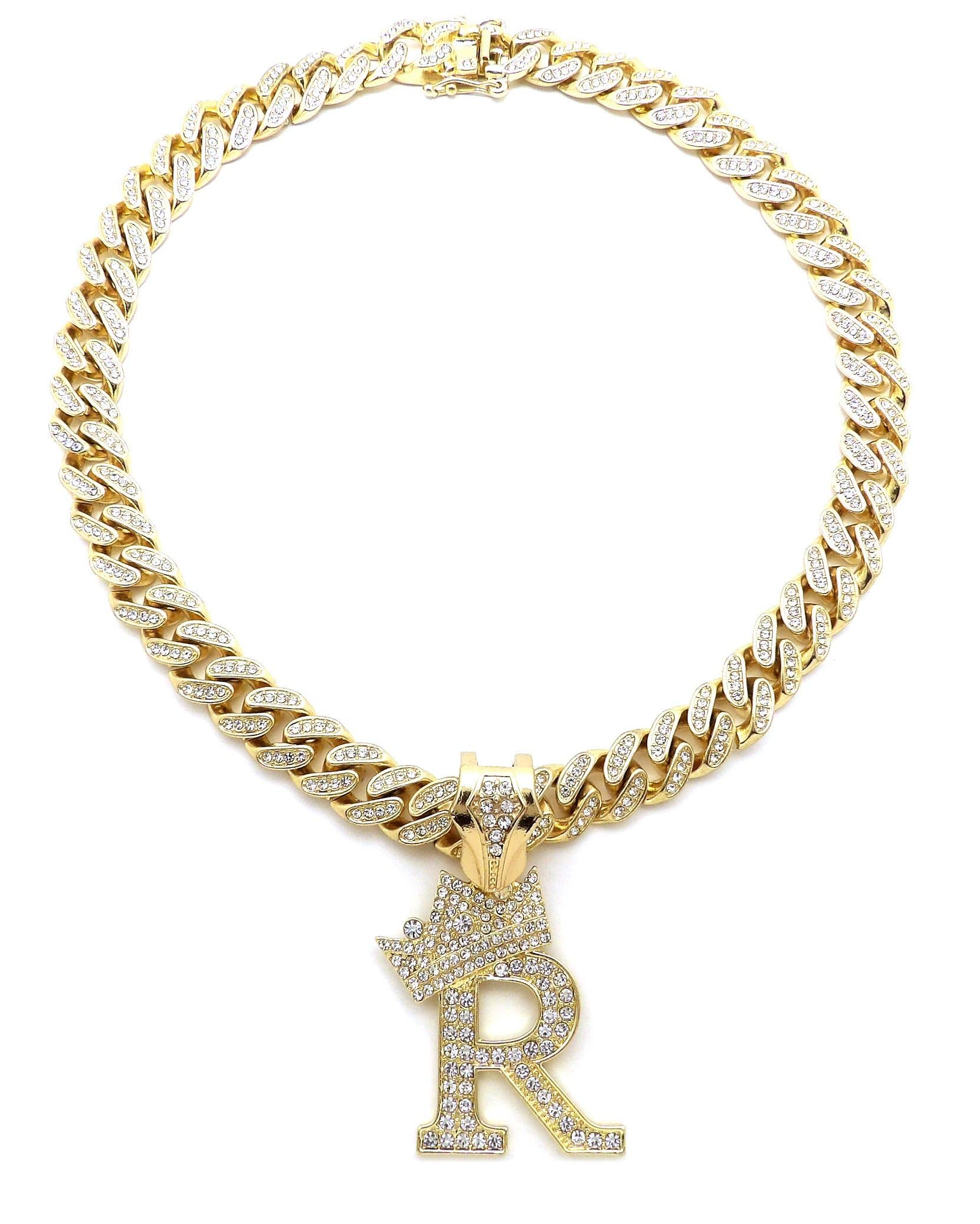 NYFASHION101 Iced Out Miami Cuban Chain Necklace with 12mm Stone Stud Crowned Initial Pendant - Perfect for Hip-Hop Fashion, Streetwear & Luxury Jewelry Gifts