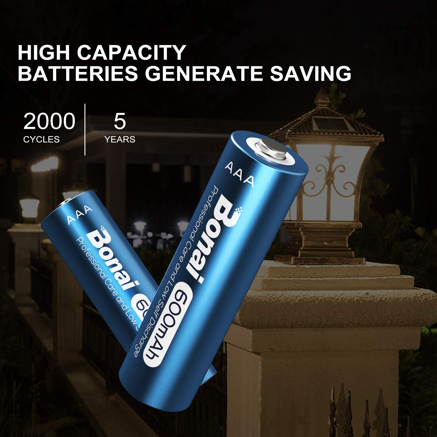 BONAI Rechargeable AAA Batteries 8 Pack - High Capacity Triple A Batteries for Solar Lights, Flashlights, Remote Controls & Electronic Devices - Long Lasting NiMH AAA Rechargeable Batteries for Home & Outdoor Use