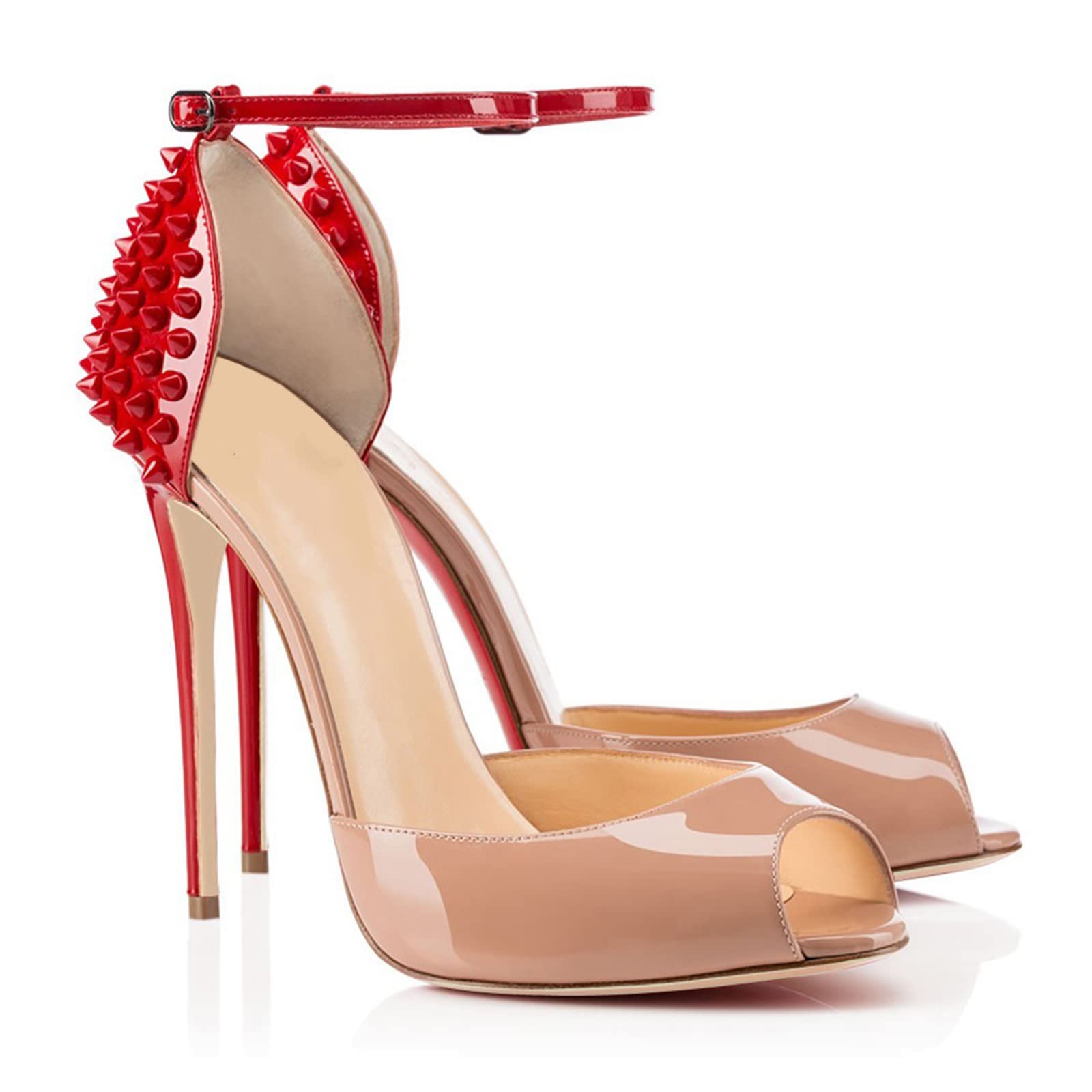 HUANGDAN Women's High Heel Sandals - Pointed Toe Patent Leather Open Toe Shoes with Ankle Straps & Rivet Details, Plus Size 7, Red | Perfect for Summer Parties, Weddings & Date Nights