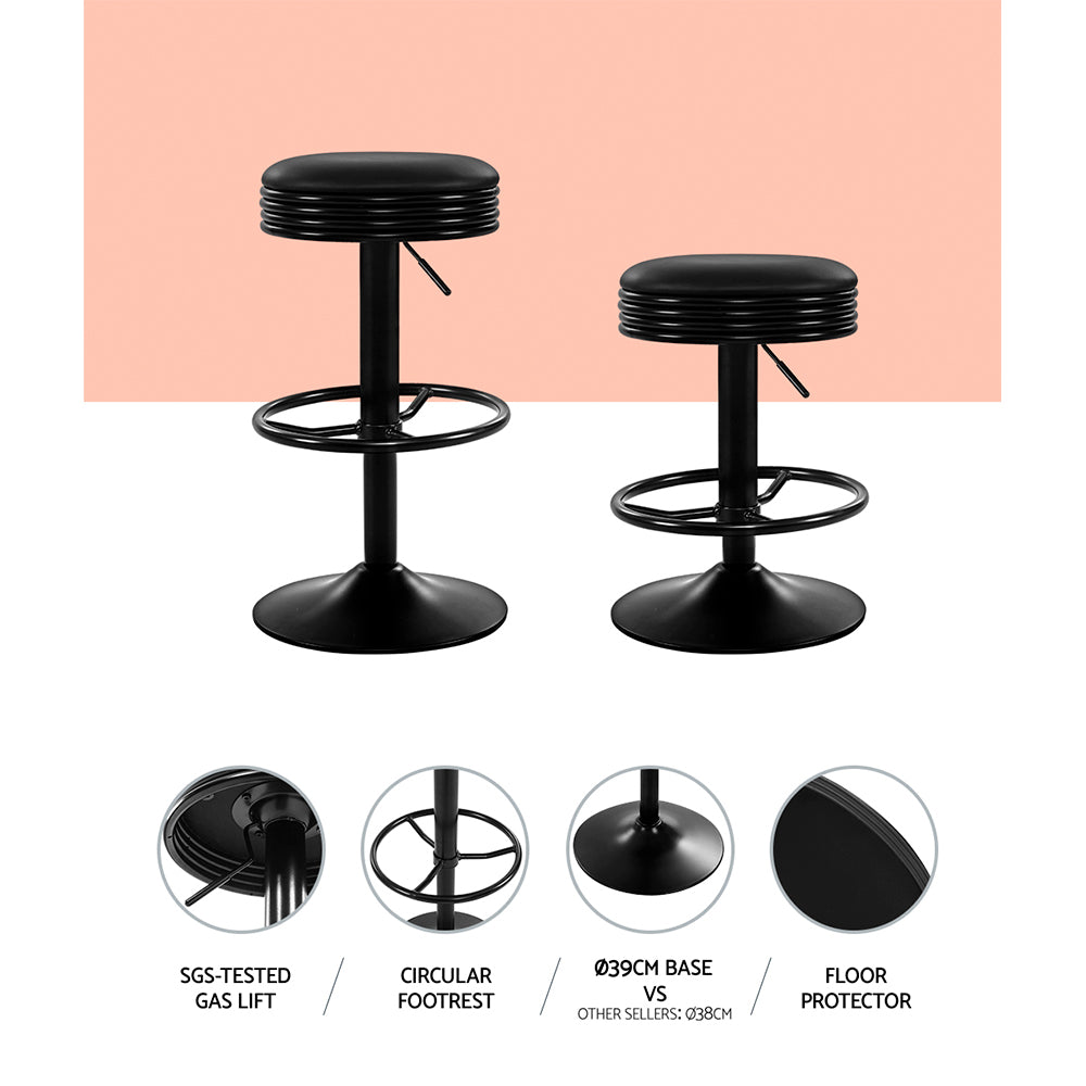 2 Pack Black Leather Bar Stools with Padded Seats and Gas Lift Mechanism - Perfect for Kitchen Islands, Home Bars, and Dining Counter Height Tables