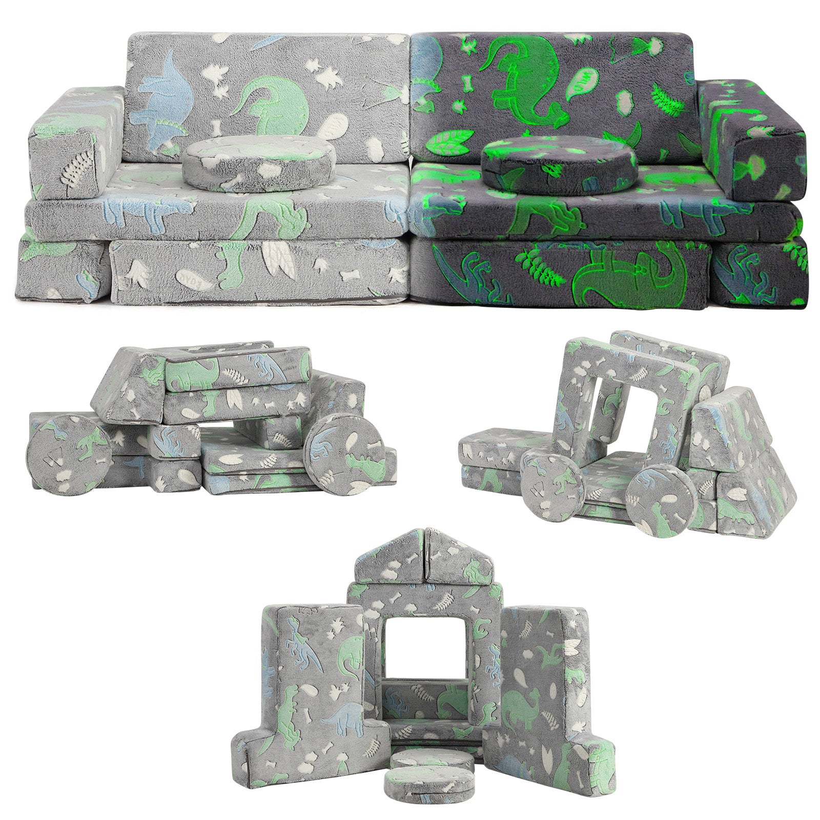 GARVEE 12-Piece Modular Kids Couch - Convertible Dinosaur Glow in The Dark Sofa for Playroom & Bedroom | Play, Sleep & Imaginative Fun for Boys & Girls | Perfect for Movie Nights, Sleepovers & Creative Playtime