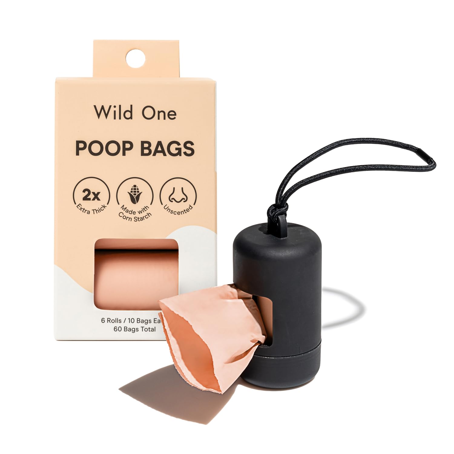 Wild One Dog Poop Bag Holder & Dispenser - Leak Proof with Leash Attachment & Easy Twist Top for Refills (Includes 1 Box Bags) - Black | Perfect for Walks, Hikes & Outdoor Adventures with Your Dog