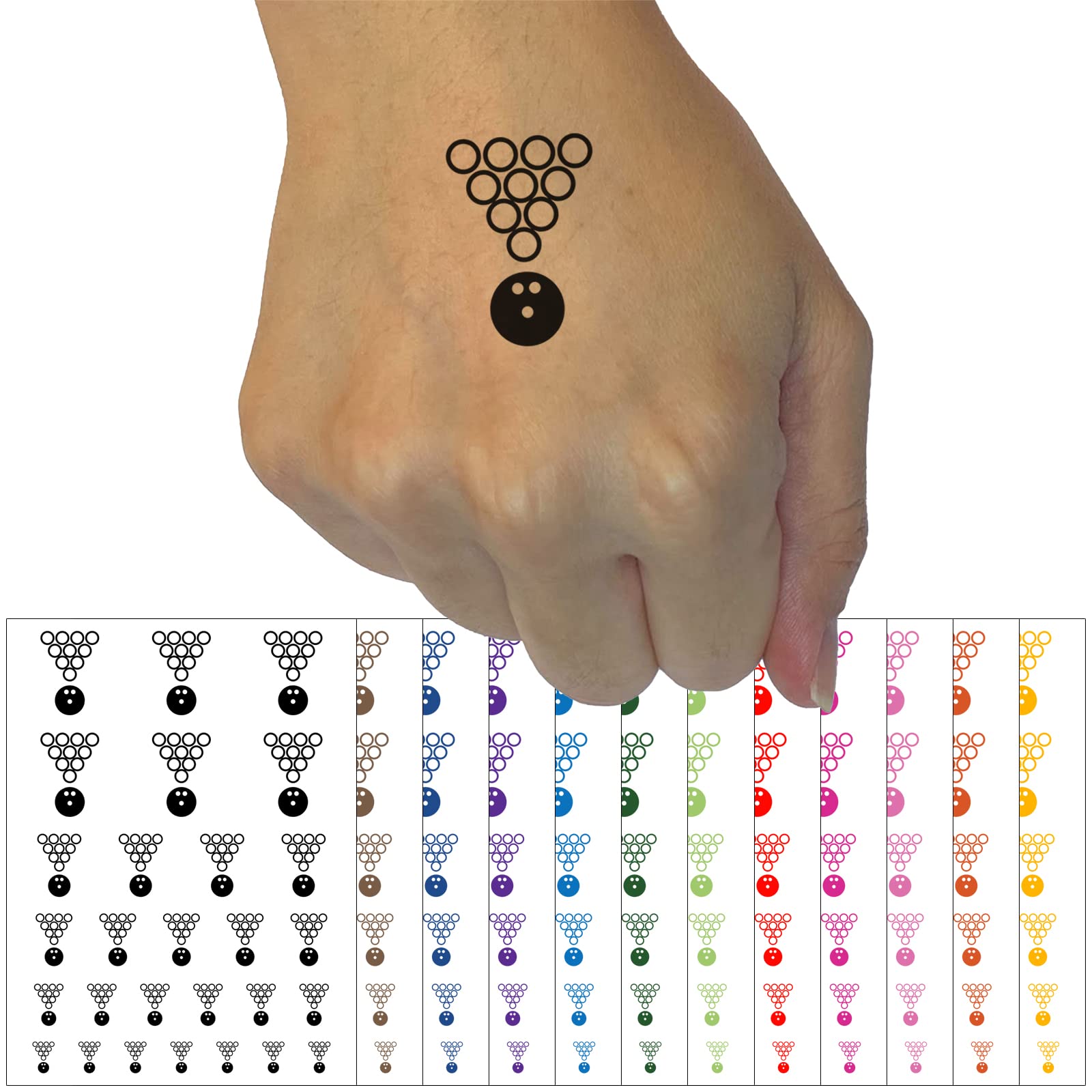 Waterproof Fake Temporary Tattoo Set - Bowling Ball Rolling Towards Pins Design (Black, 1 Sheet) | Perfect for Bowling Parties, Sports Events & Costume Themes