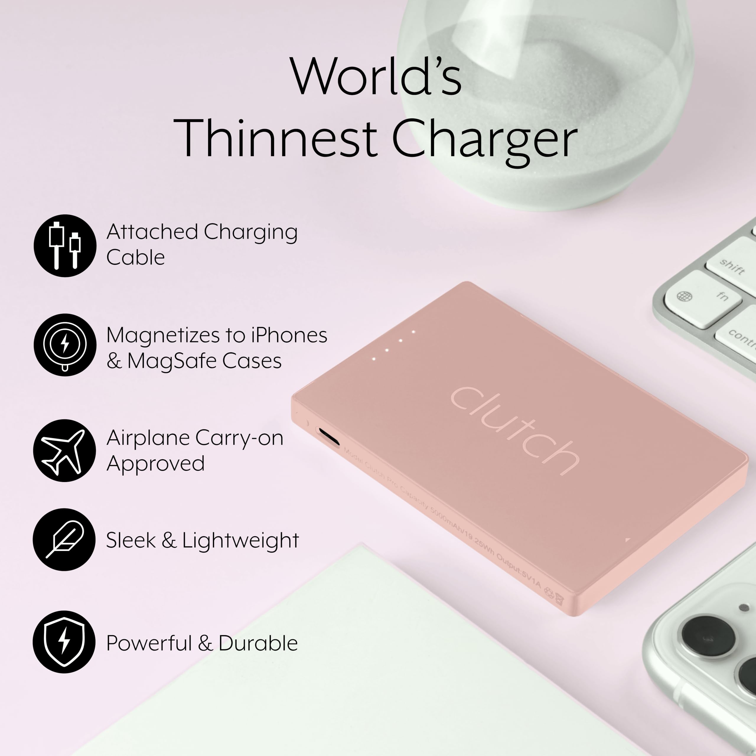 Clutch - Pro USB-C Portable Charger 5000mAh - Magnetic Power Bank for iPhone 15/16 & Android - TSA Approved Travel Charger with Built-in Cable - Ultra Light 3.7oz Pink - Perfect for Travel, Commuting & On-the-Go Charging