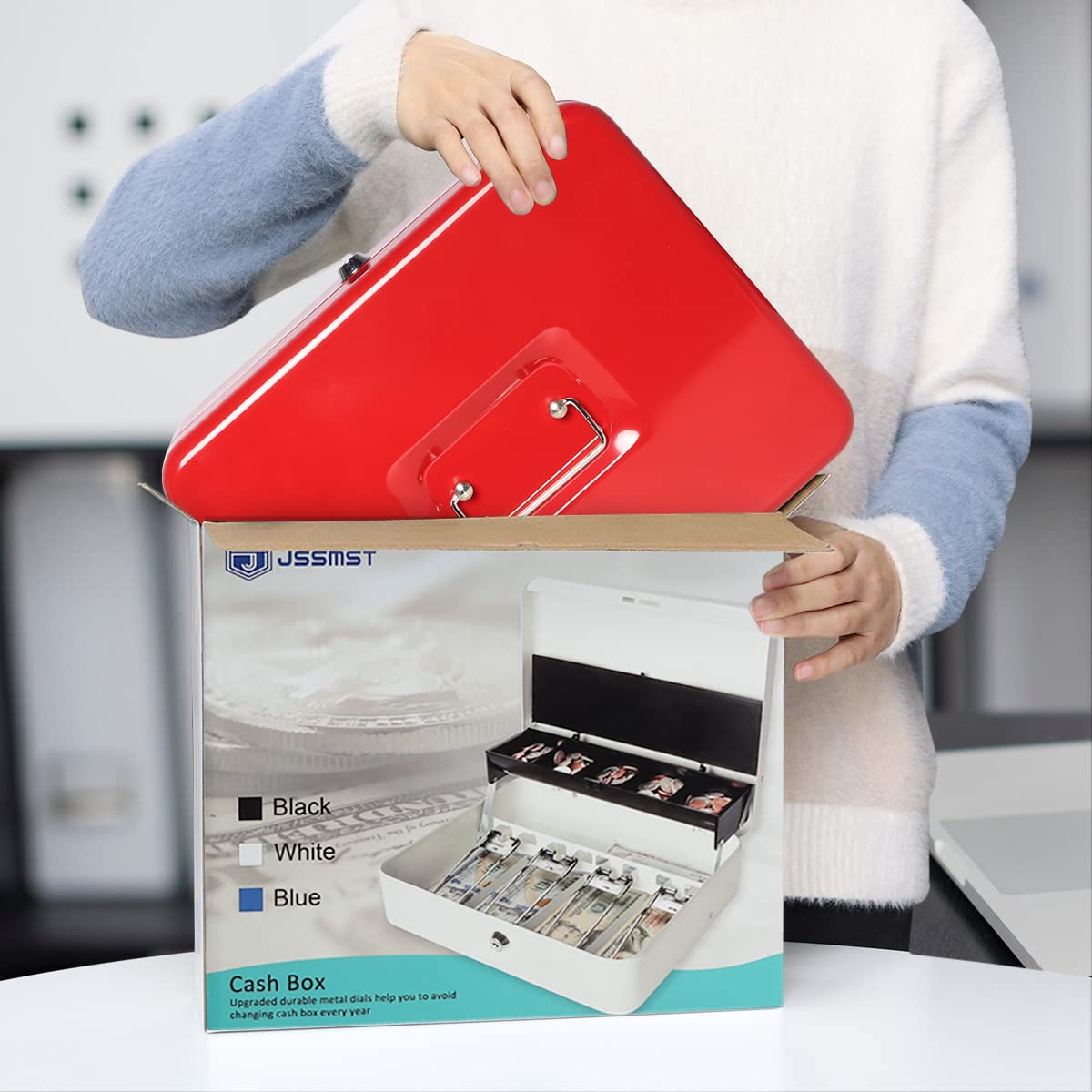 Jssmst Large Locking Cash Box with Money Tray & Security Cable - Heavy Duty Metal Money Box with Key Lock (Red) - Perfect for Home, Office, Retail Stores & Small Business Cash Management