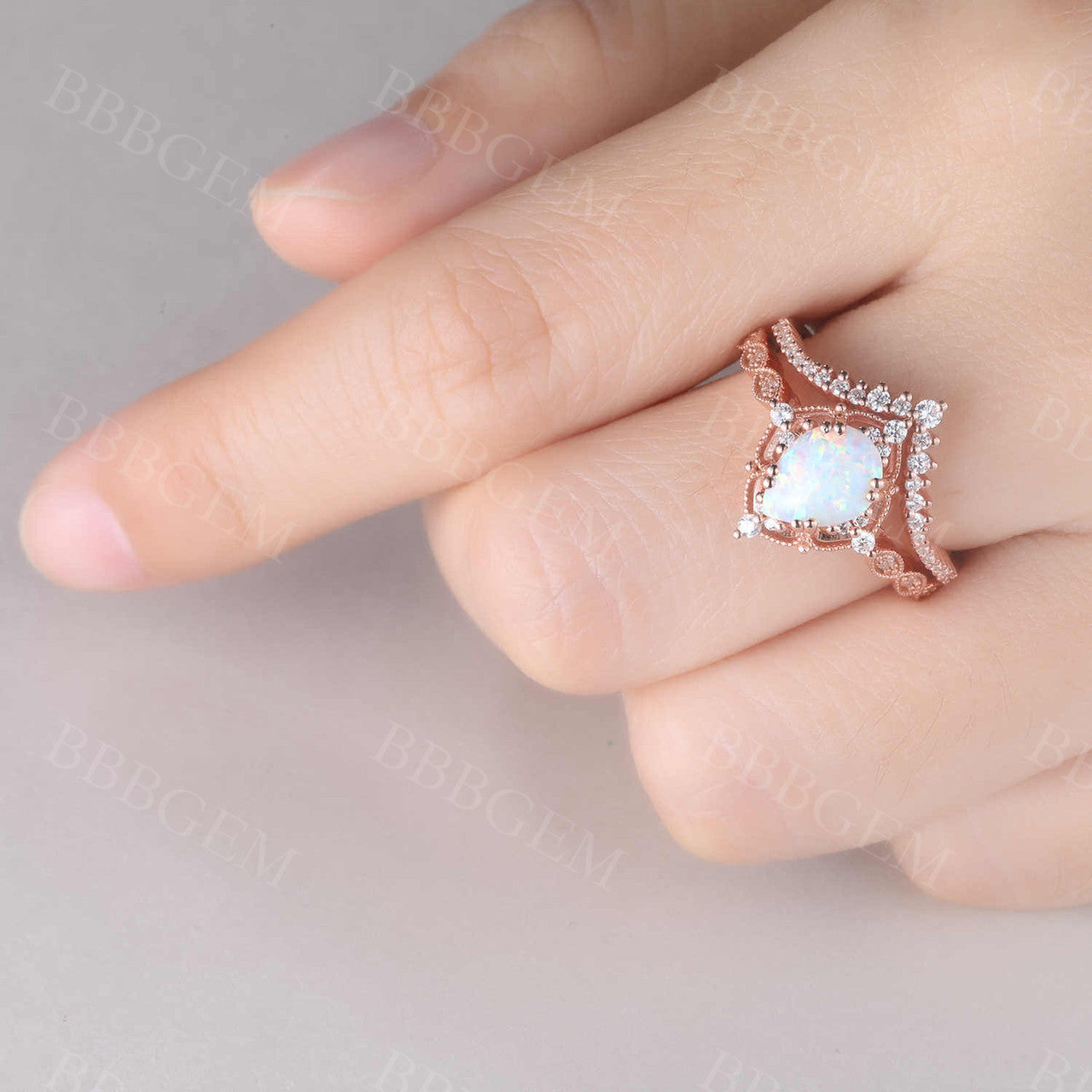 Vintage White Opal Engagement Ring Set - 14K Rose Gold Wedding Band for Women, Bridal Anniversary Jewelry Gift (Perfect for Proposals, Weddings & Romantic Occasions)