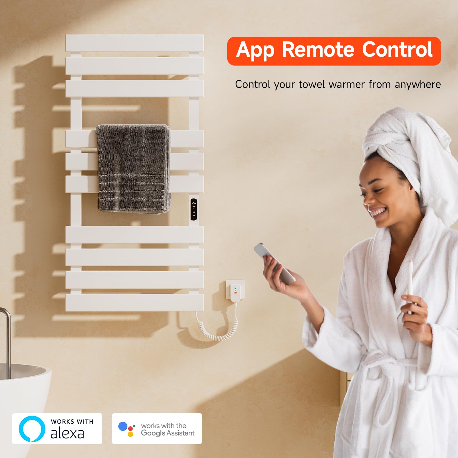 WiFi Electric Towel Warmer - 43 x 22 Inch Heated Towel Rack for Bathroom, 410W Wall Mounted with Timer & LED Indicator, White - Perfect for Spa, Luxury Bathrooms & Cold Mornings