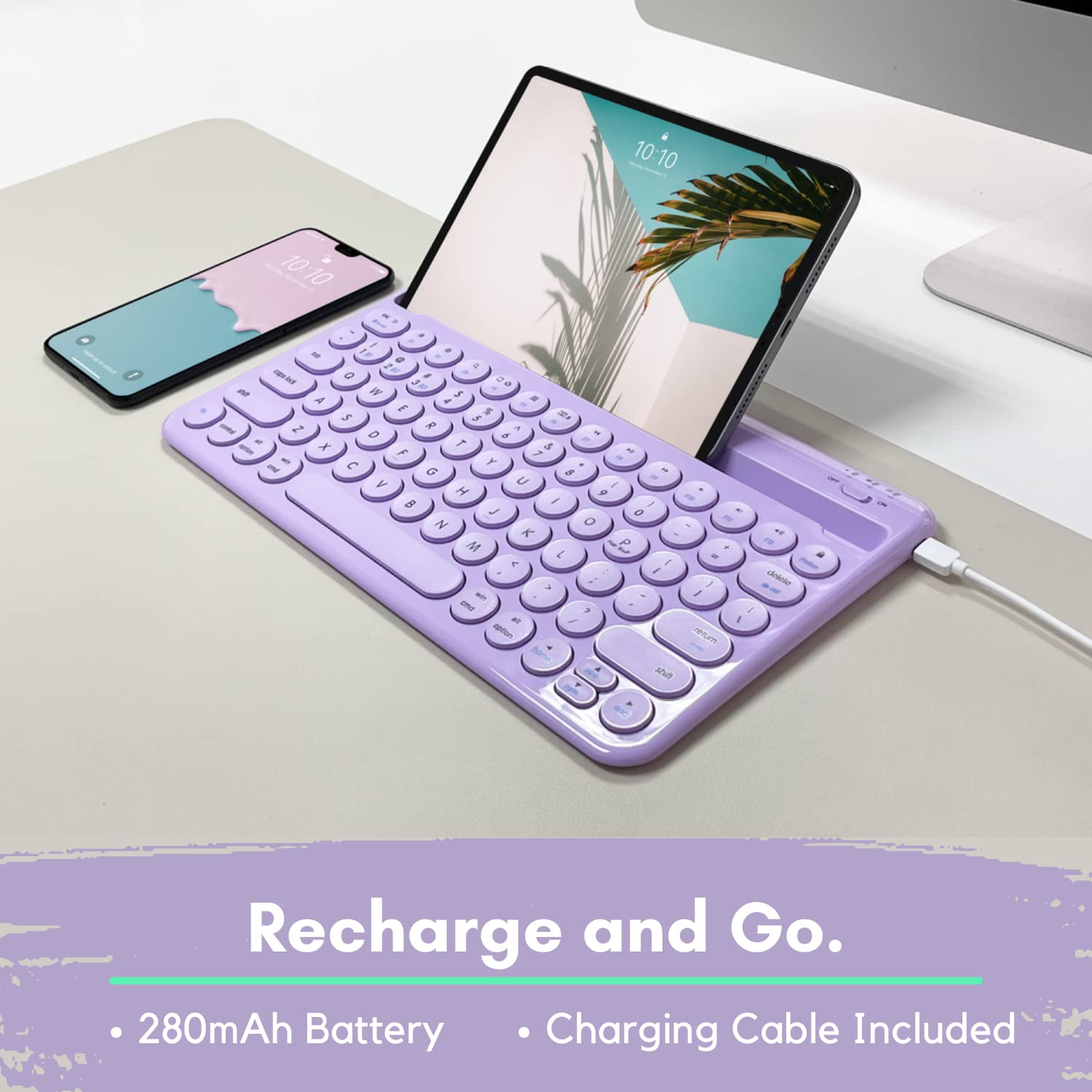 Macally Small Wireless Bluetooth Keyboard for iPad Mini/Air/Pro, iPhone, Tablet - 78-Key Compact Keyboard with Built-in Stand | Universal Multi-Device Compatibility | Purple | Perfect for Home Office, Travel & On-the-Go Typing