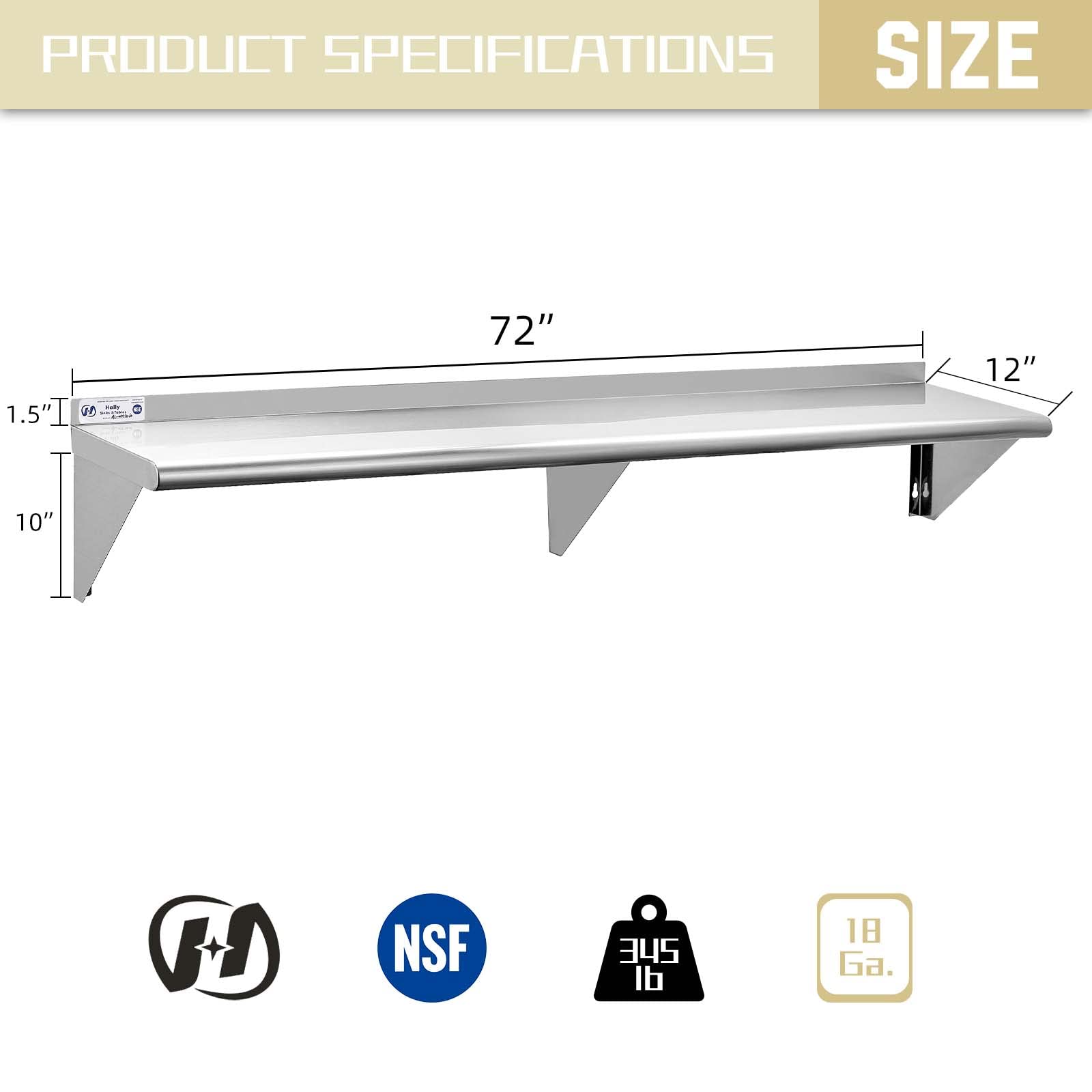 Stainless Steel Wall Shelf 12x72 Inches - 345 lb Capacity, NSF Certified Commercial Floating Shelving for Restaurant, Kitchen, Hotel & Home Use - Perfect for Storage, Display & Organization