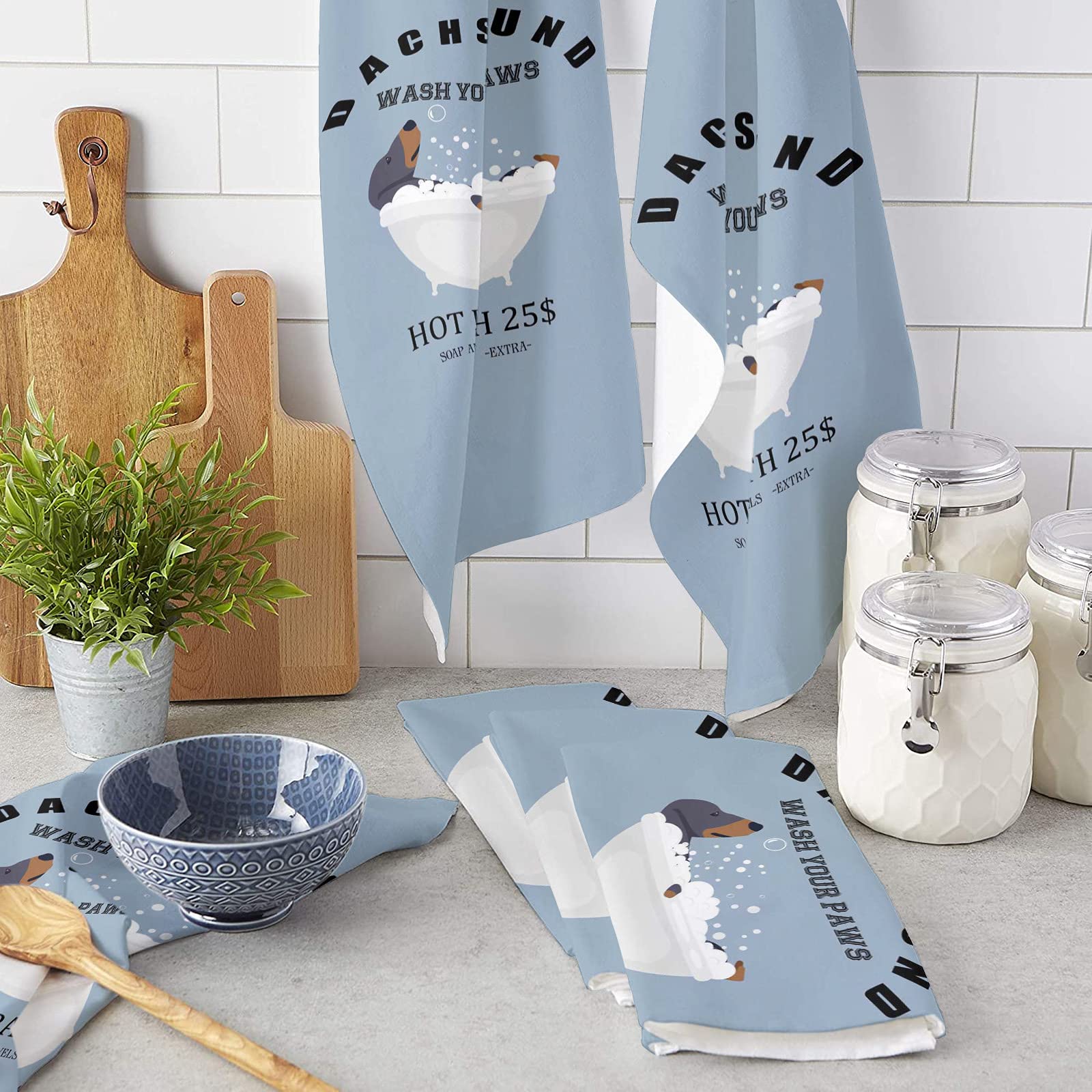Premium Absorbent Dish Towels for Kitchen - Cute Dachshund Cartoon Design with Hanging Loop, 18x28 Inch Microfiber Cleaning Cloths for Drying Dishes, Wiping Countertops & Bathroom Use