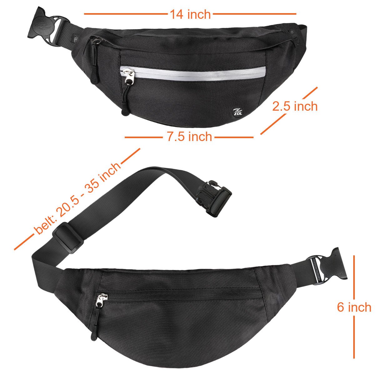 Zol Moda Waist Bag for Women & Men - Black Crossbody Fanny Pack - Hands-Free Belt Bag for Running, Travel, Hiking & Outdoor Activities