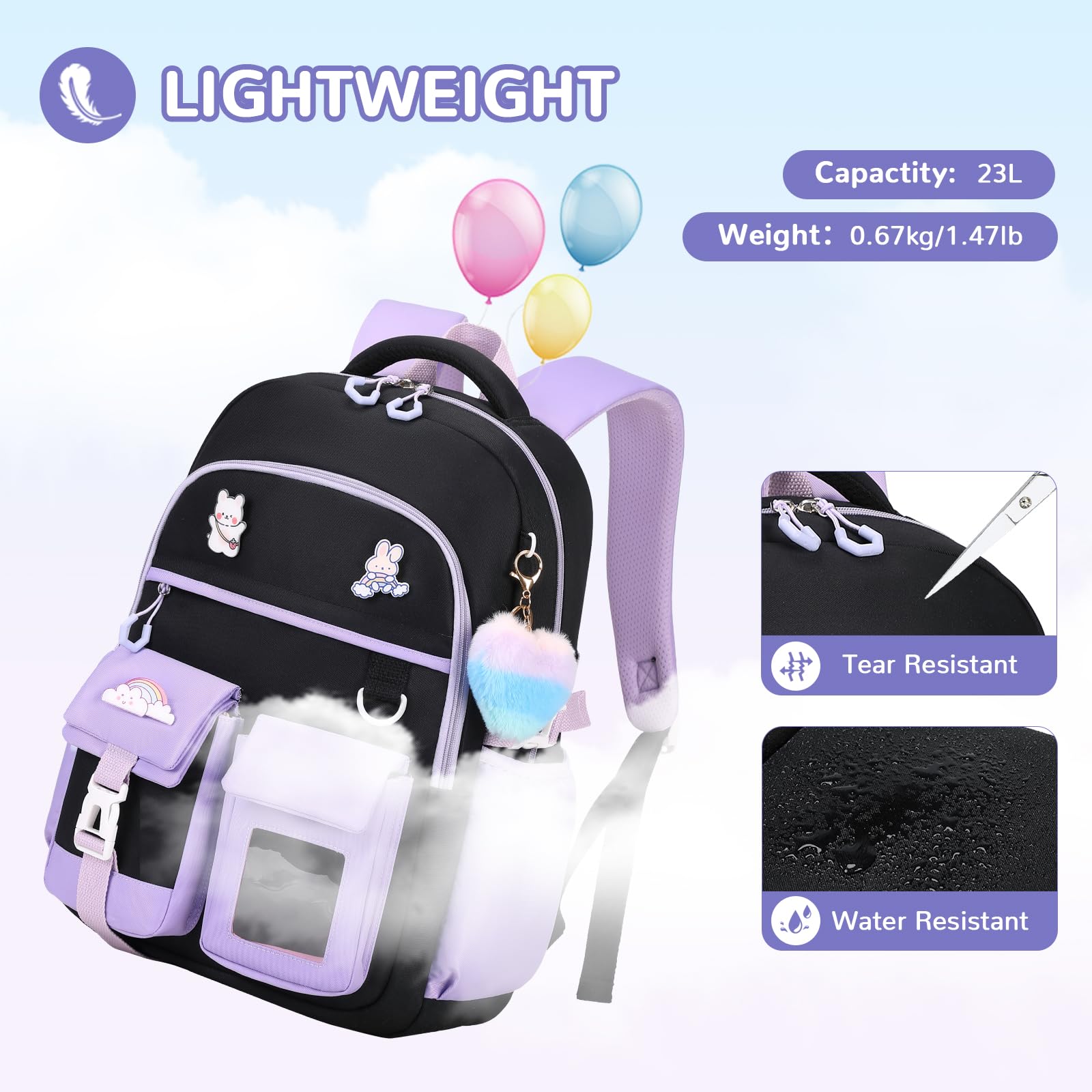 Cute Girls Backpack for School - Water Resistant Kids Bookbag with Multiple Pockets for Elementary Students Ages 6-14, Black & Purple - Perfect for Daily School Use, Travel & Outdoor Activities