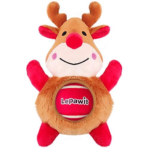 Lepawit 2-in-1 Christmas Dog Plush Toy with Squeaky Ball - 9.5 Inch Reindeer Stuffed Animal for Medium & Large Dogs - Interactive Outdoor Training Toy for Playtime & Holiday Gifts
