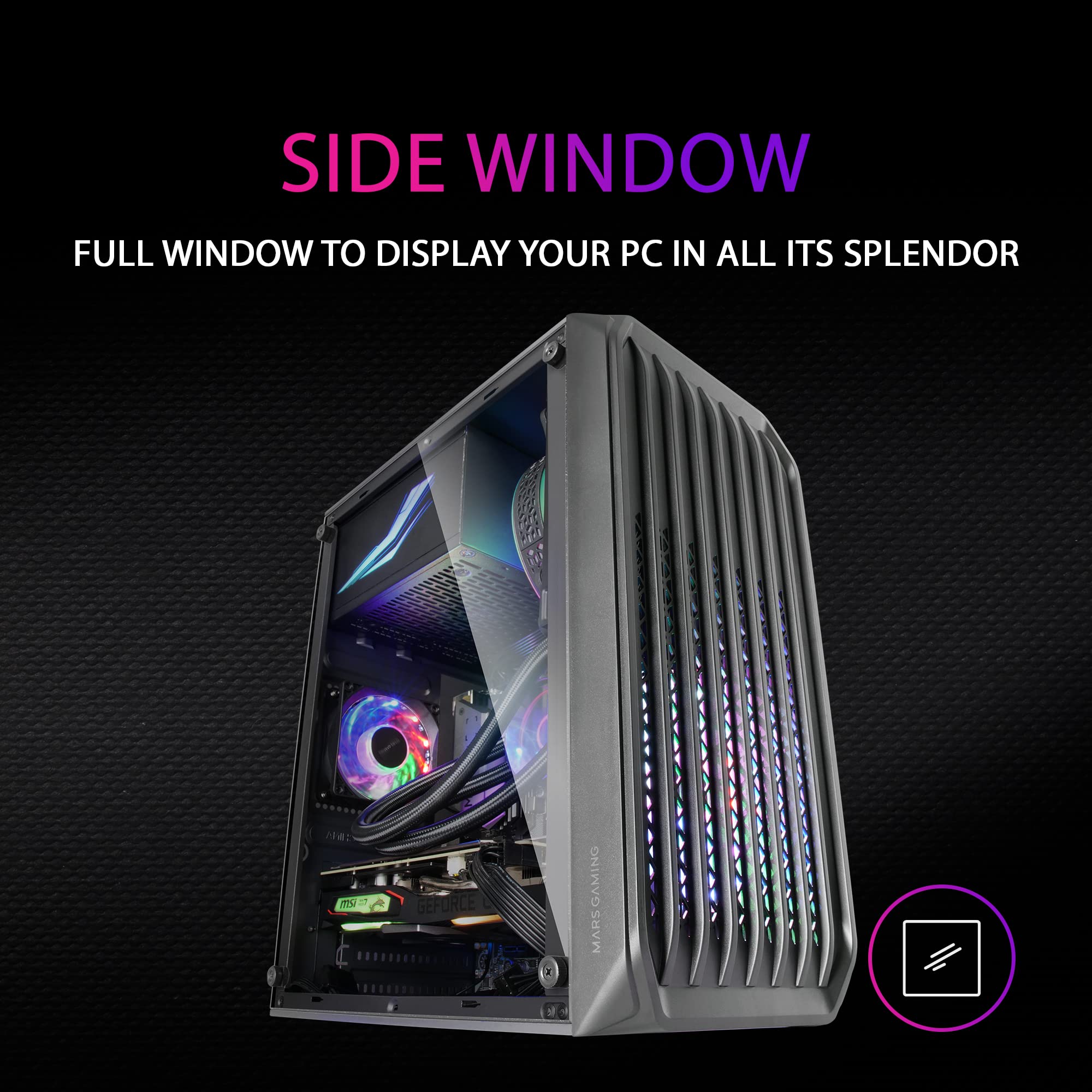 Mars Gaming MC-S2 Ultra-Compact Micro-ATX PC Case with Front Grille, 2x FRGB Fans & Full Side Window - Supports 240mm Liquid Cooling (Black) - Perfect for Gaming Rigs & Compact Workstation Builds