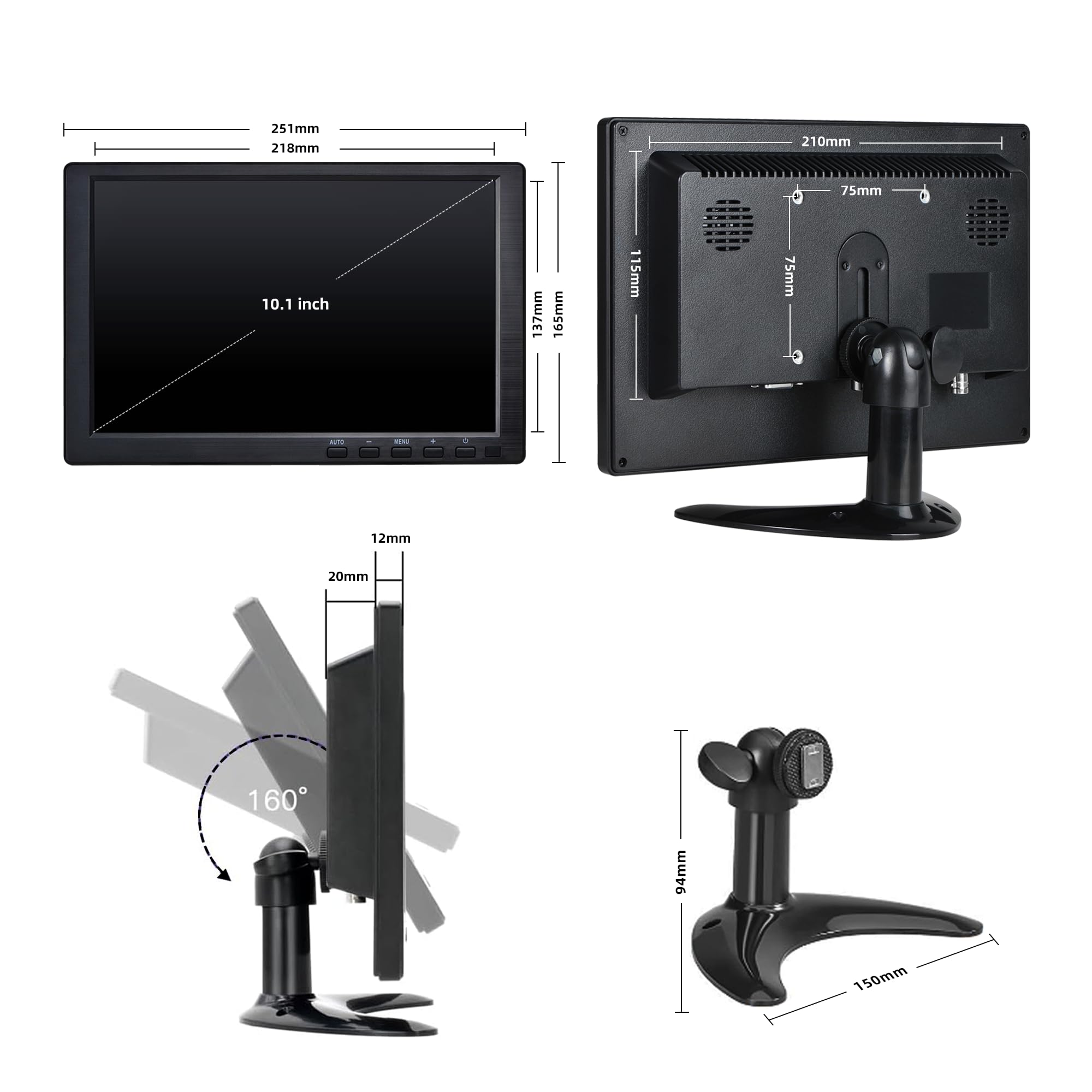 10.1 Inch Portable CCTV Monitor - 1024x600 IPS Screen with Built-in Speakers, Stand & Remote - HDMI/VGA/BNC/USB Inputs for Security Cameras, Xbox, PC - Ideal for Home Surveillance & Gaming Setup