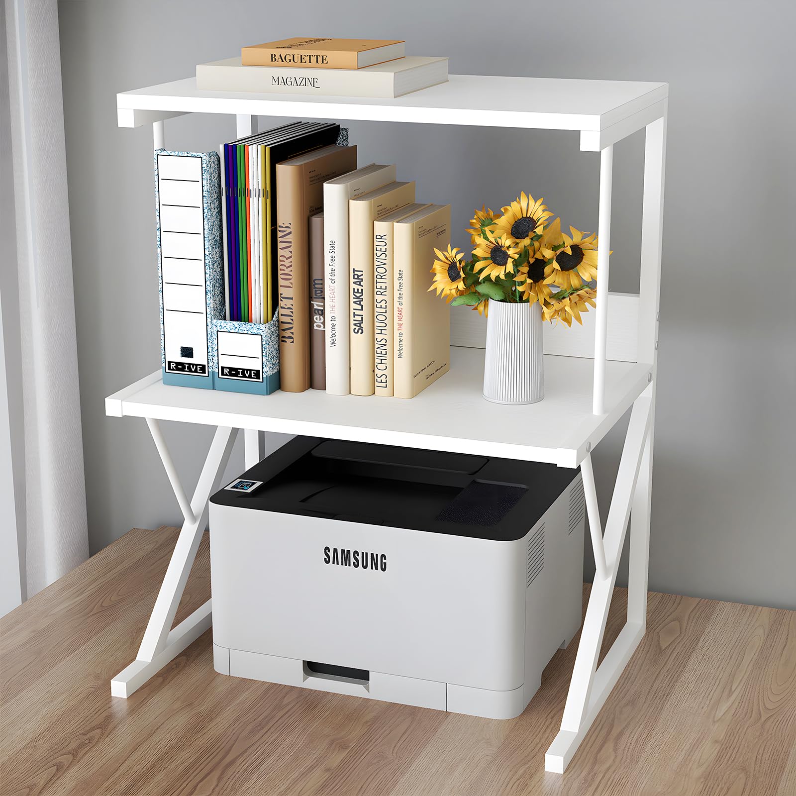 Aboxoo 3-Tier Large Printer Stand for Desk - Multi-Purpose Office Shelf Organizer for Printer, Fax Machine & Books - White | Perfect for Home Office & Workspace Organization