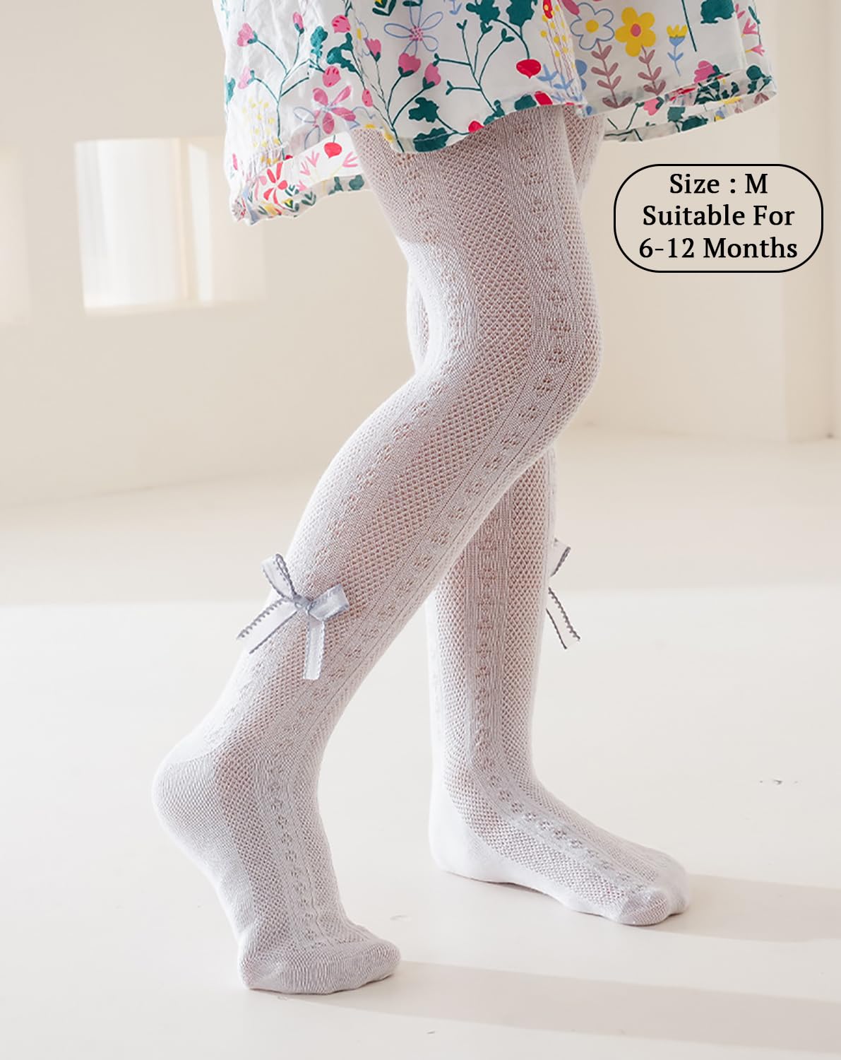 SYGA Baby Girls' Anti-Mosquito Cotton Thin Mesh Stockings with Bow Design - Size M 6-12 Months (Grey) - Perfect for Outdoor Play, Park Visits & Summer Protection