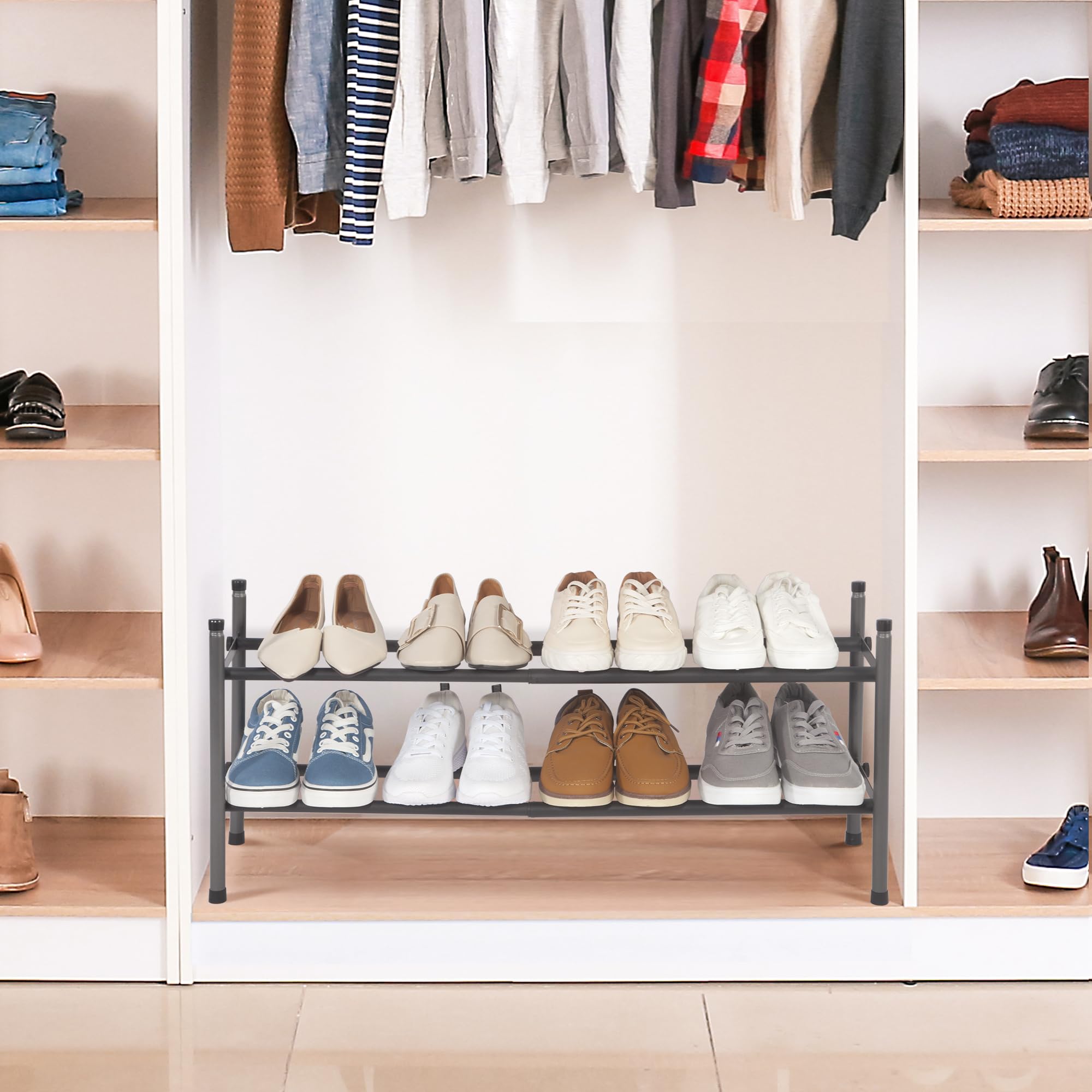 Expandable Shoe Rack Organizer - Stackable 2-Tier Metal Storage for Closet & Entryway