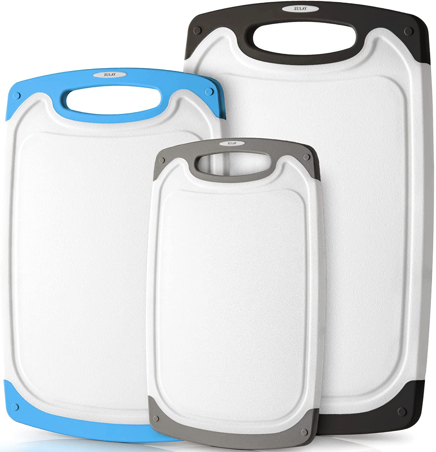 Zulay Kitchen 3-Piece Plastic Cutting Board Set - Non-Slip Dishwasher Safe with Juice Groove - Multiple Sizes (Black, Blue, Gray) - Perfect for Meal Prep, Slicing Vegetables & Serving Charcuterie