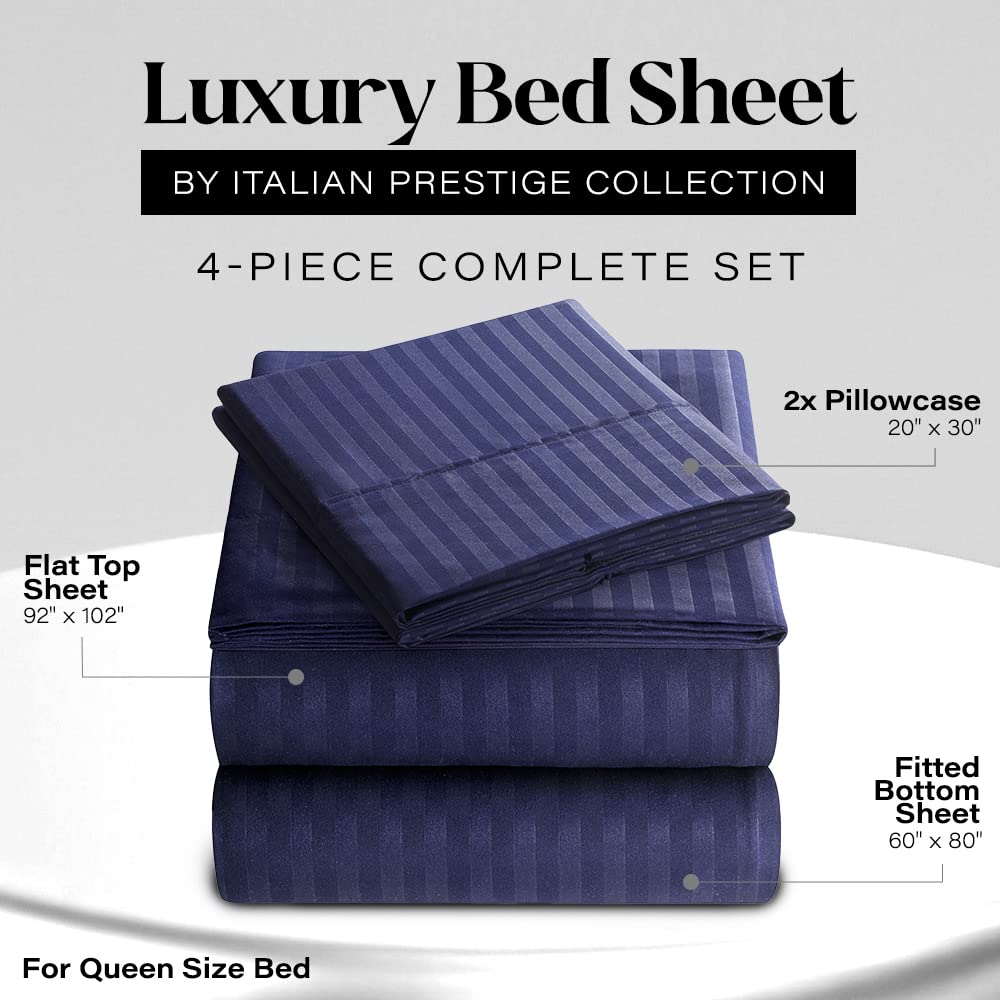 Queen Size Sheet Set - 4-Piece Soft & Cooling Microfiber Bedding with Deep Pocket (1 Fitted Sheet, 1 Flat Sheet, 2 Pillowcases) - Wrinkle-Free, Breathable & Striped Design - Perfect for Hot Sleepers, Guest Rooms & Luxury Bedrooms