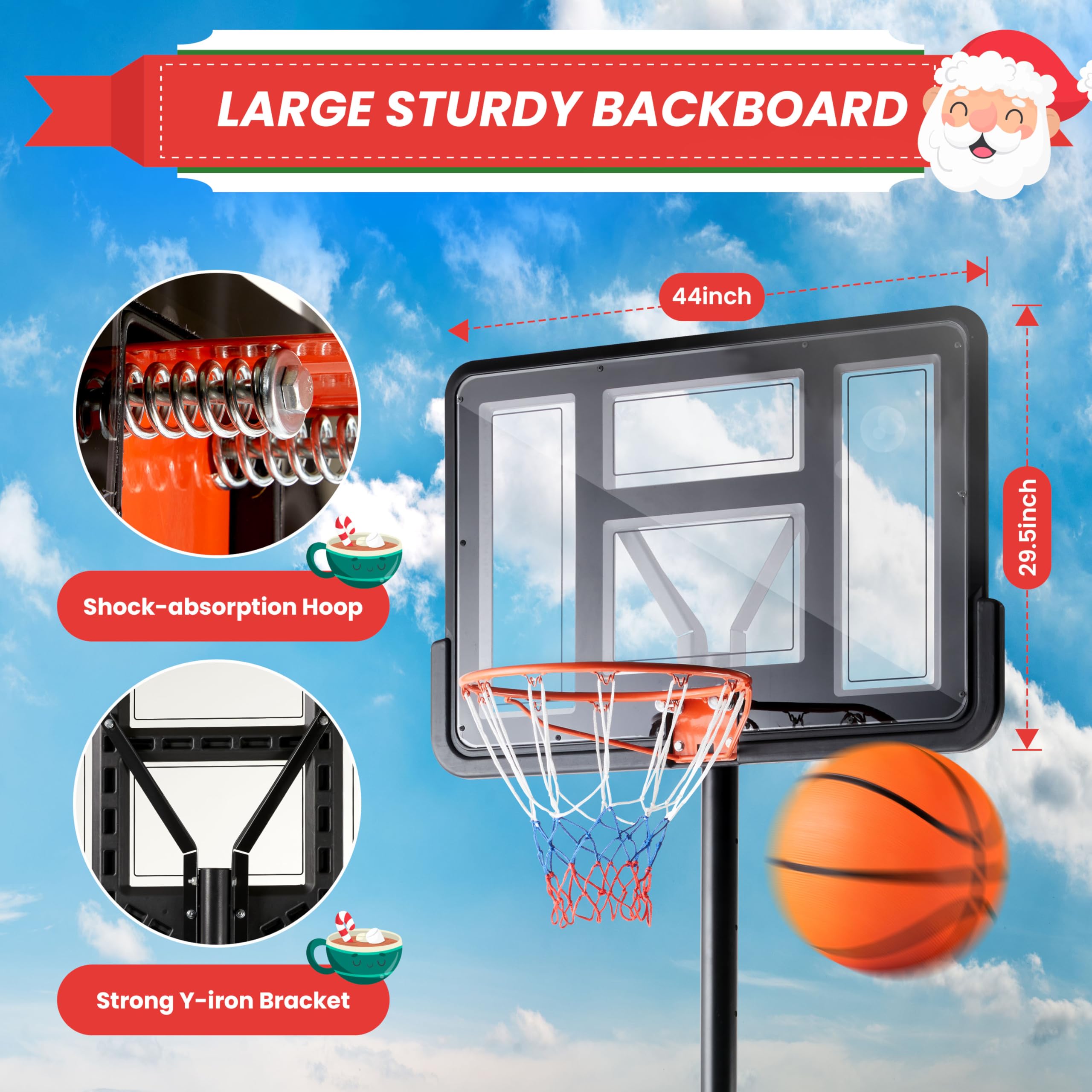 YSSOA 4.2-10Ft Adjustable Height Portable Basketball Hoop System with 44 Inch Shatterproof Backboard - Outdoor/Indoor Basketball Goal for Driveway, Backyard, Court - Perfect Gift for Kids, Youth & Adults - Great for Home Practice, School PE, and Family Fun Activities