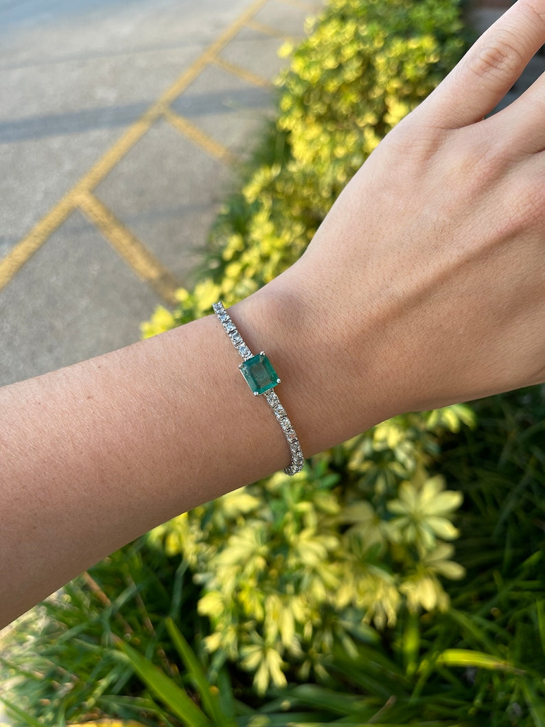 10.95tcw 14K Gold Deep Bluish Green Emerald & Diamond Tennis Bracelet - 7 Inch Luxury Jewelry for Women, Perfect for Weddings, Parties & Special Occasions