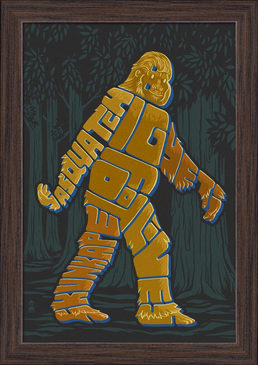 Bigfoot Typography Art Print - 12x18 Inch Giclee Fine Art on Recycled Wood Frame in Espresso Brown - Perfect for Cabin Decor, Cryptid Lover Gifts & Wilderness Themed Home Office