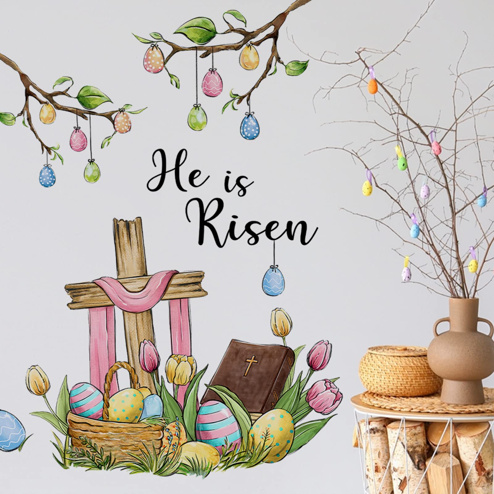 Yovkky Easter Wall Decals - He is Risen Christian Cross Bible Quote Stickers for Home, Bedroom & Living Room Decor | Religious Spring Tulip & Egg Designs for Kitchen, Faith Art | Perfect for Easter Celebrations, Church Events & Holiday Home Decorating
