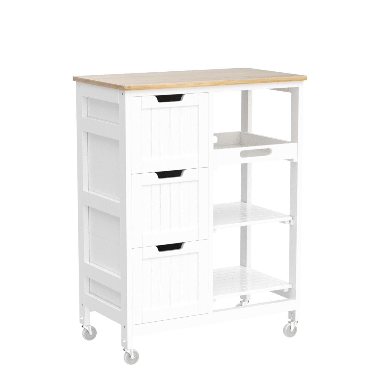 Yaheetech White Kitchen Island Cart with Bamboo Top - 3 Drawers & Shelves for Dining Room & Bar Storage