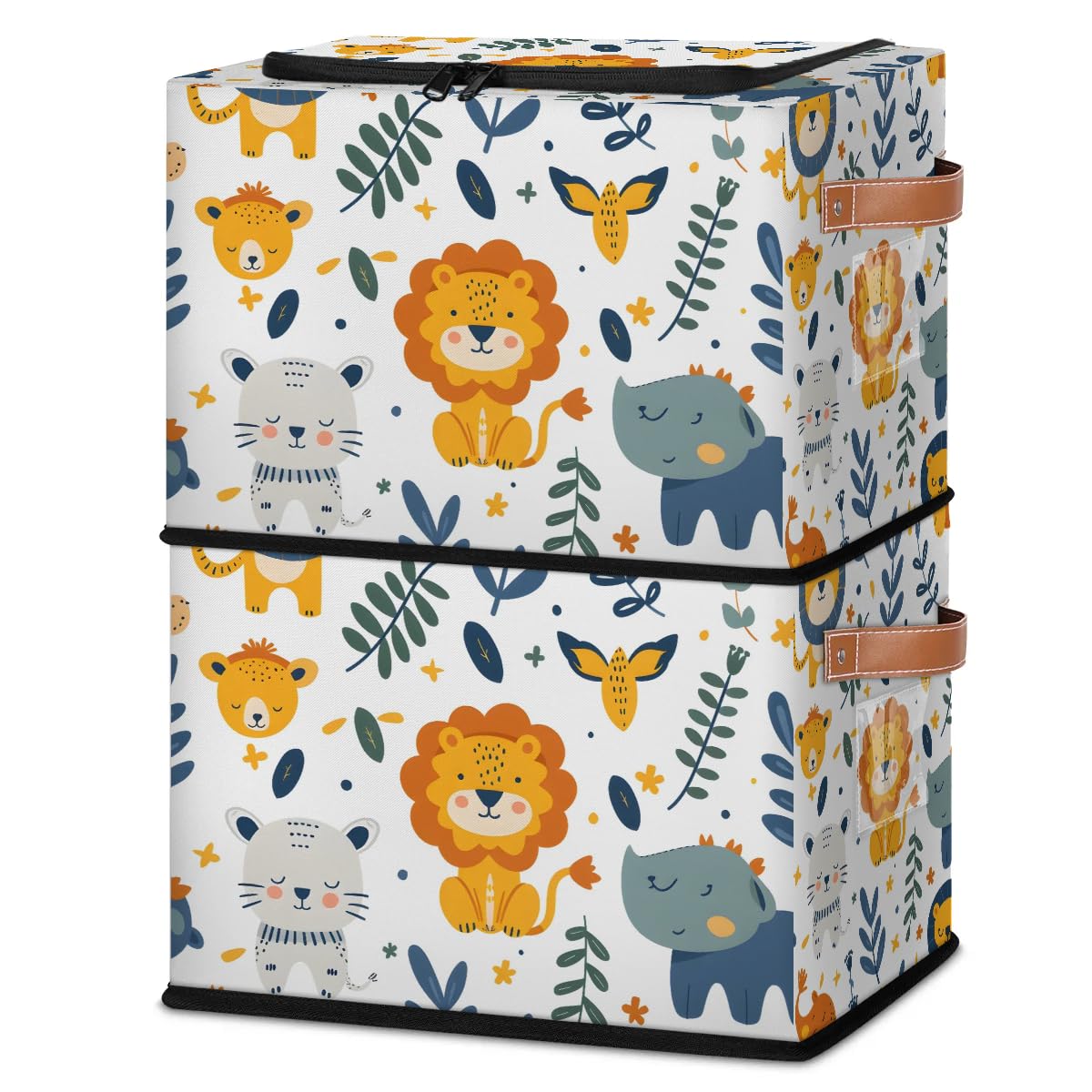 2-Pack Stackable Lion Print Storage Bins with Zipper Lid & Metal Frame - PU Handled Closet Organizer Cubes for Clothes, Toys, Blankets | Bedroom, Nursery, Playroom Storage Solution