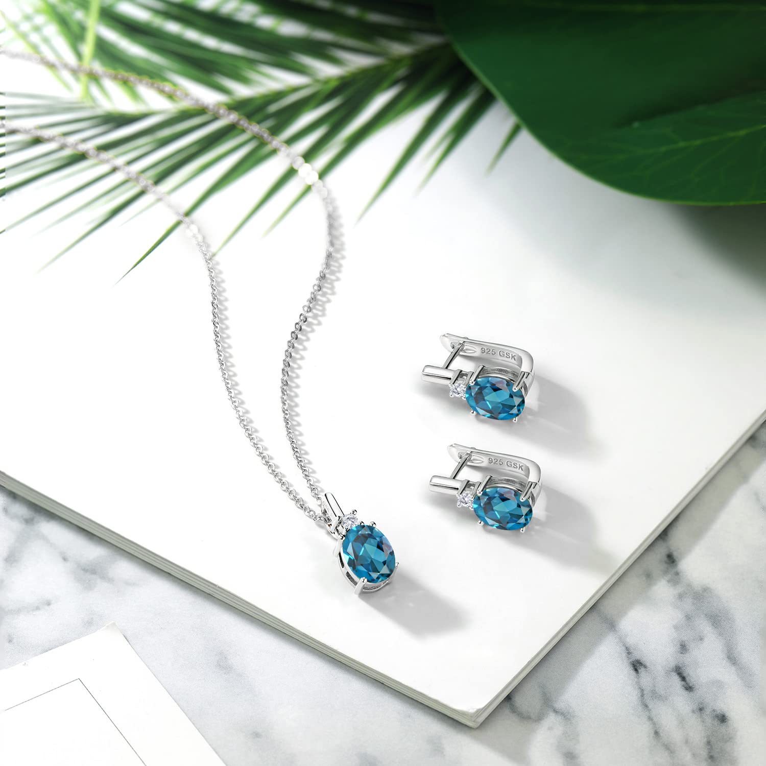 6.95 Ct London Blue Topaz & Lab-Grown Diamond 925 Sterling Silver Pendant & Earrings Set | E-F Color | Gem Stone King | Elegant Gift for Anniversary, Wedding & Special Occasions