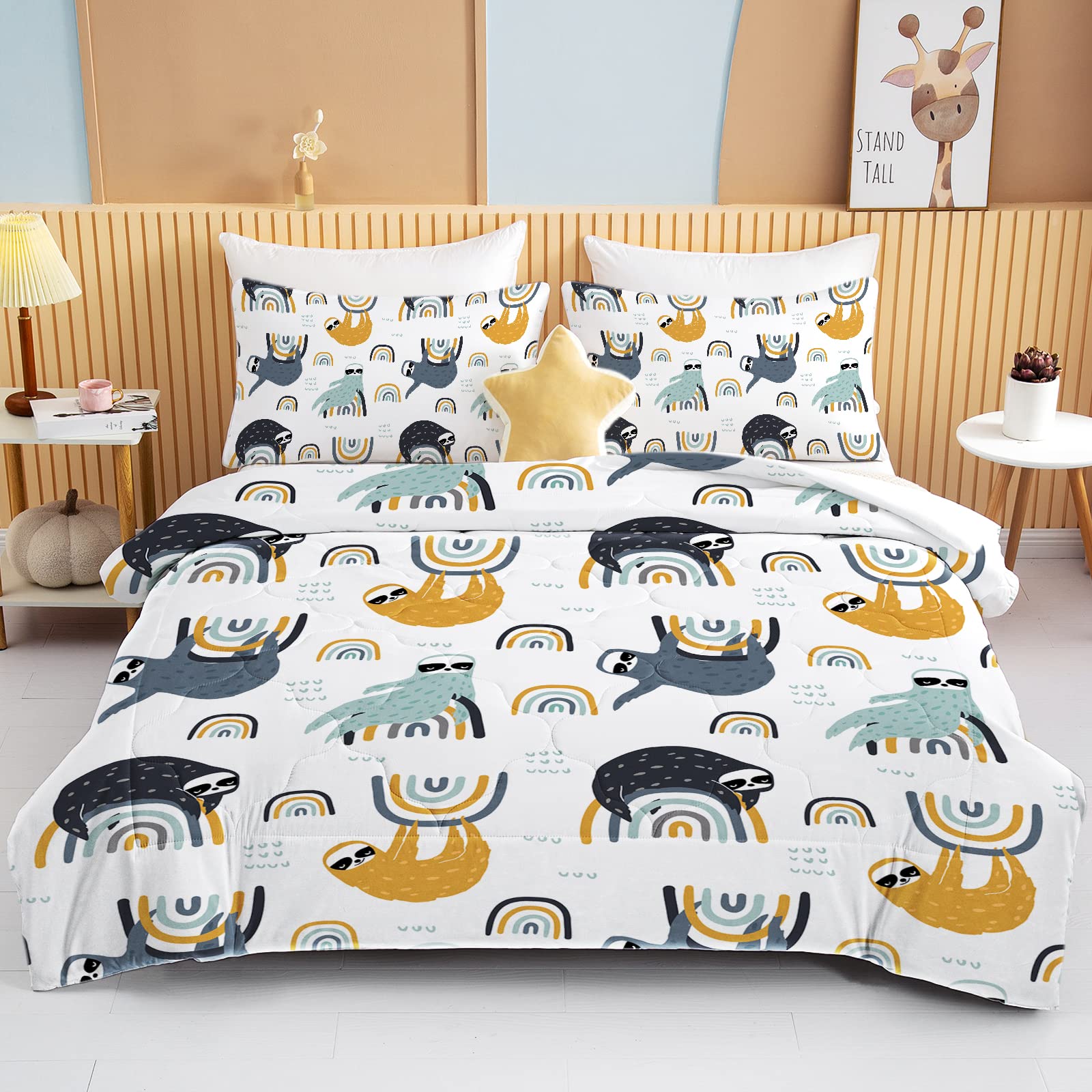 BEDMUST Twin Size Kids Comforter Set - Black & Yellow Animal Rainbow Design, 3 Piece Bedding Set with 1 Comforter & 2 Pillow Shams | Soft & Cozy for Boys & Girls Bedroom Decor | Perfect for Kids Room, Nursery, or Sleepovers