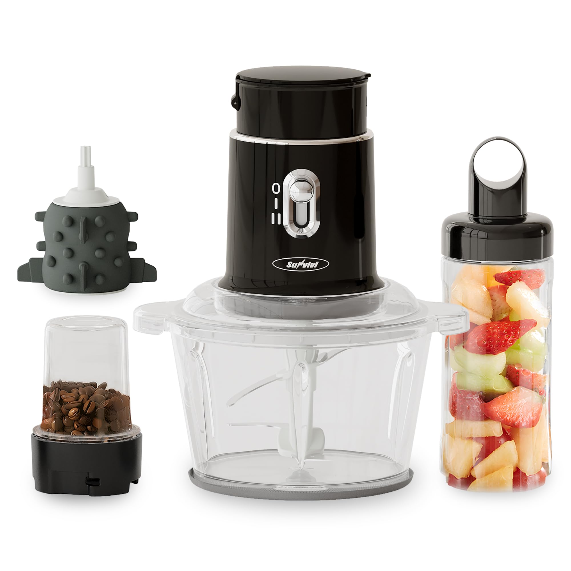 Sunvivi 4-in-1 Blender & Food Processor - 2 Speed High Power Blender with 1.5L Glass Bowl for Grinding Meat, Peeling Garlic, Juicing & Mixing - Includes 0.4L & 0.2L Travel Cups - Perfect for Smoothies, Baby Food & Meal Prep - Black