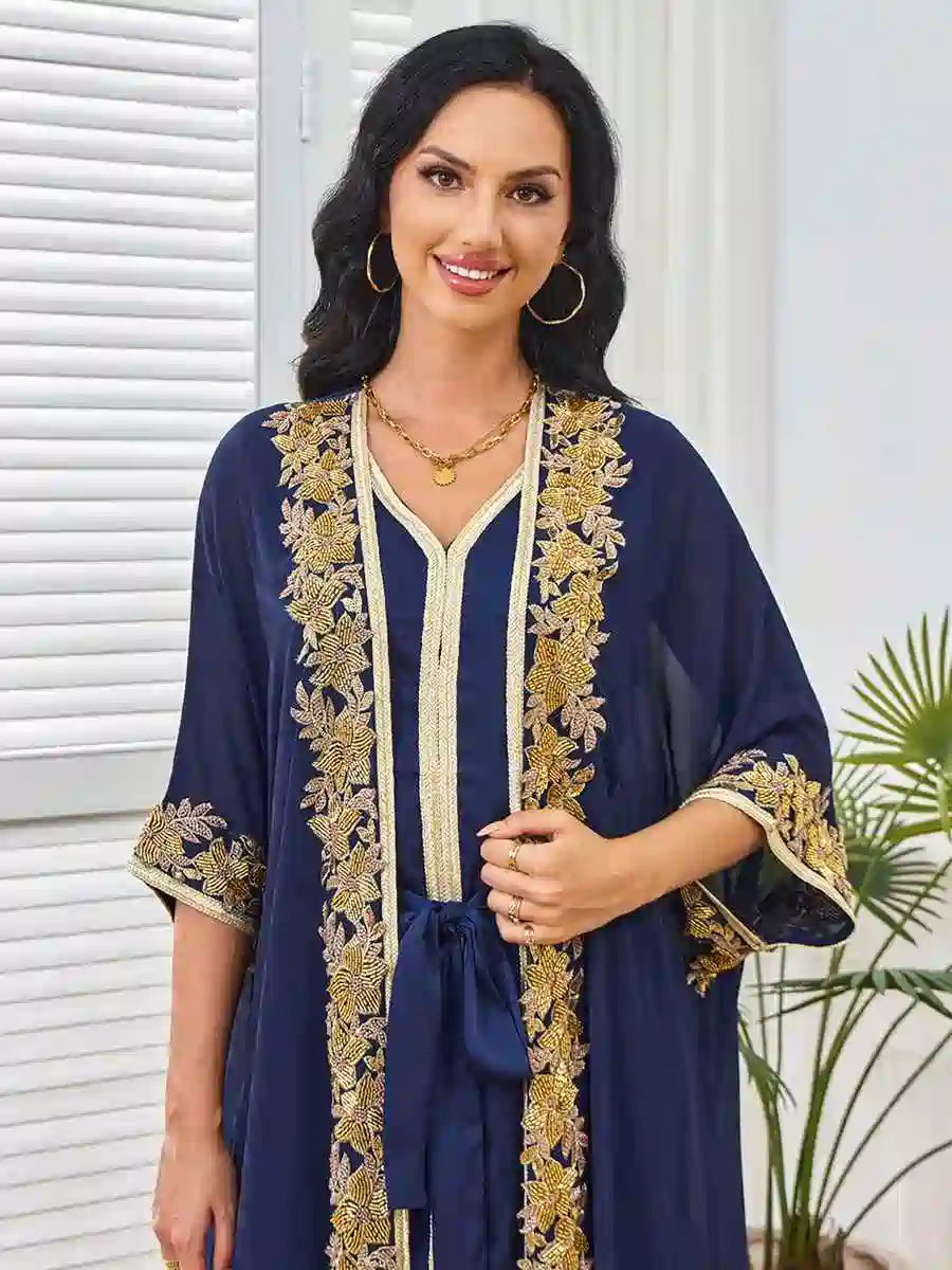Elegant Beaded Eid 2-Piece Set - Batwing Sleeve Farasha Kaftan Dress for Women | Perfect for Eid Celebrations, Weddings & Special Occasions (#25264)